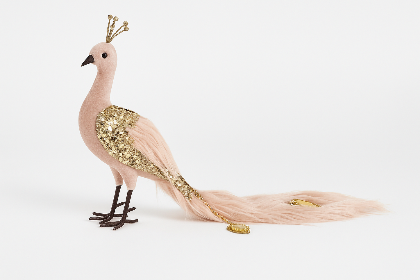 Goldline- Deko Vogel aus Samt in Hellrosa mit Kunstfell und Glitzer, 19 x 14 x 45 cm