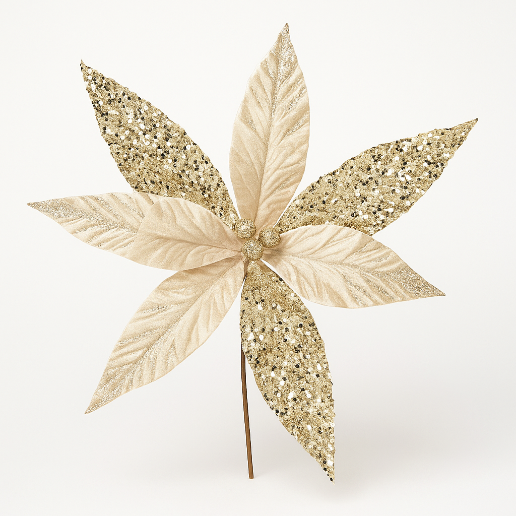 Goldline- Weihnachtsstern Blume beige mit Glitzer und goldenen Blättern 40cm