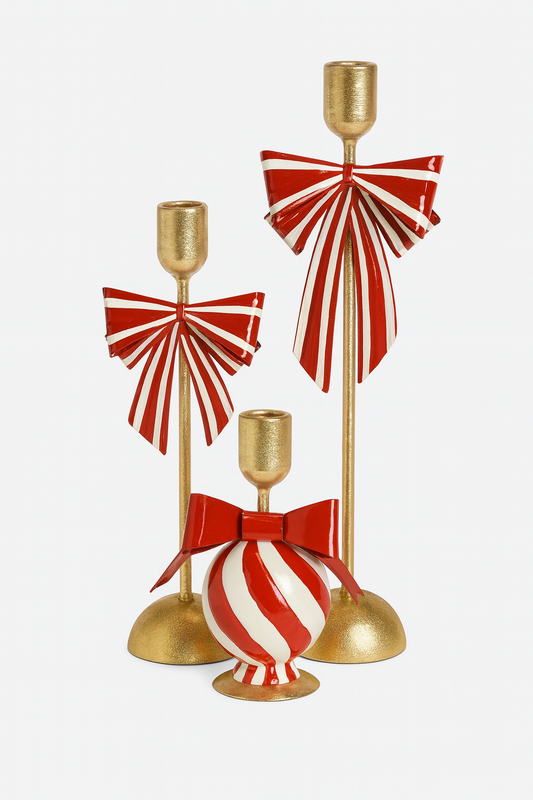 Goldline- Weihnachts Candy Kerzenhalter mit Schleife, rot-weiß-gold in verschiedenen Größen