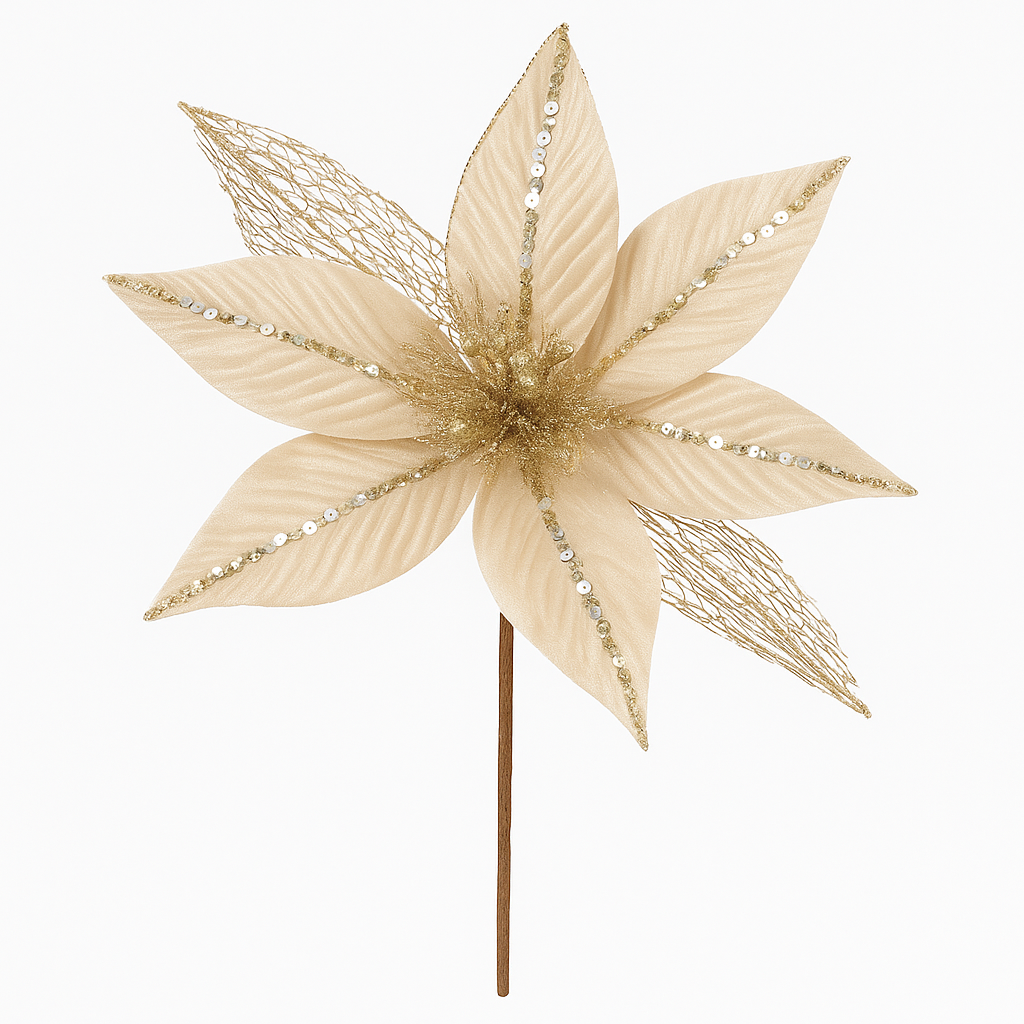 Goldline- Weihnachtsstern Blume beige mit gold Netz 32cm