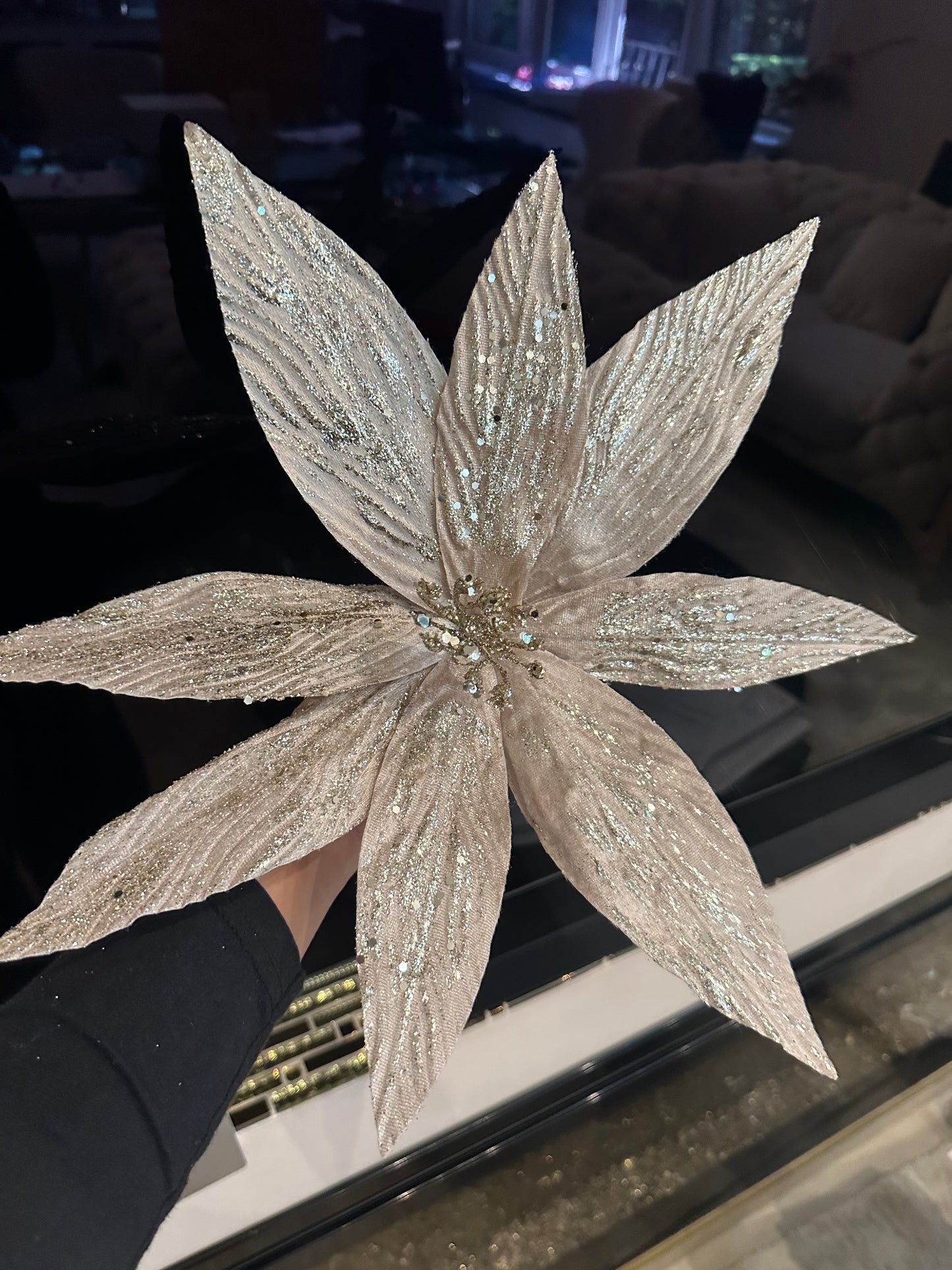 Goldline- Weihnachtsstern Blume beige-gold mit Glitzer und Muster 40cm