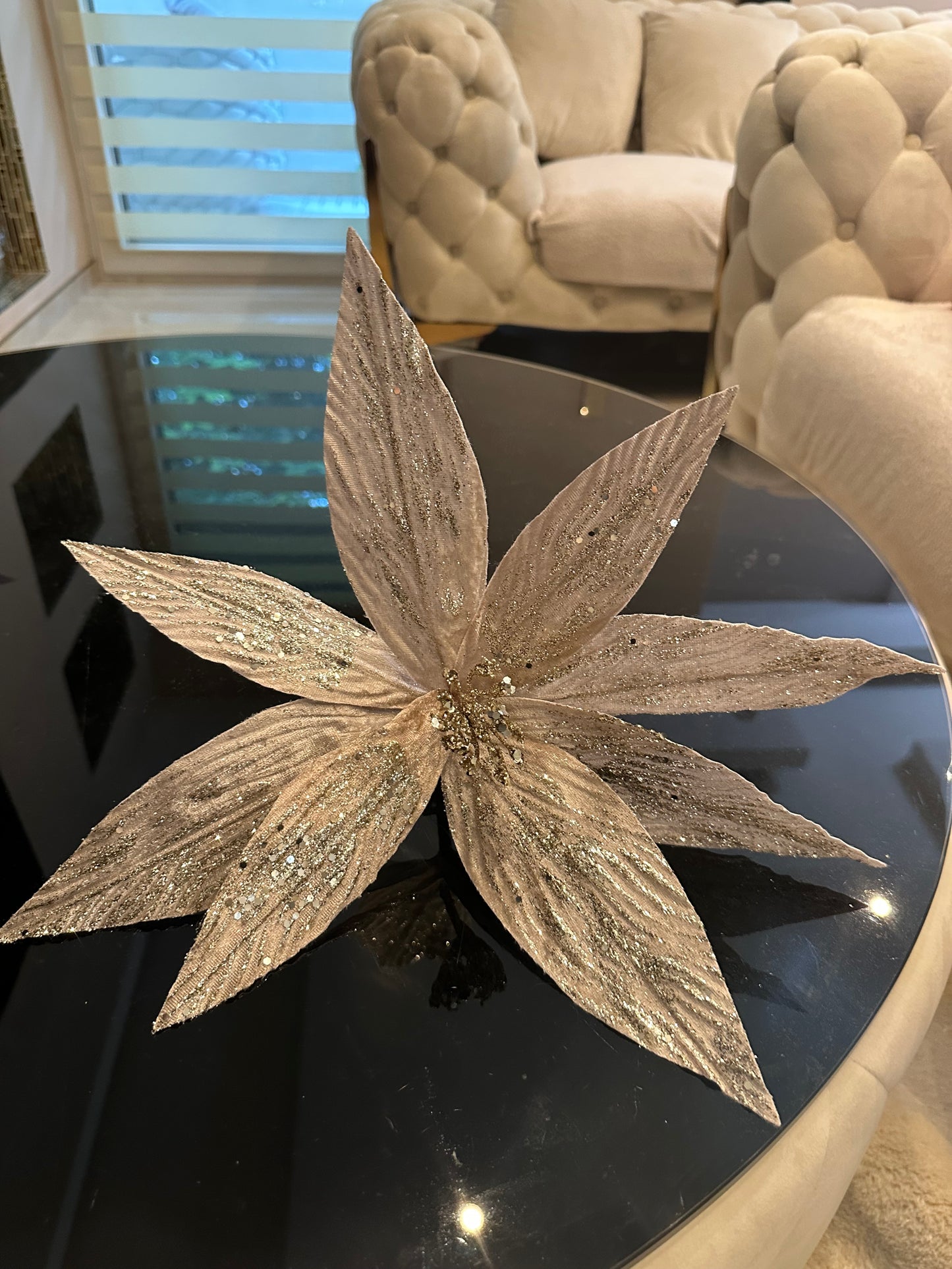 Goldline- Weihnachtsstern Blume beige-gold mit Glitzer und Muster 40cm