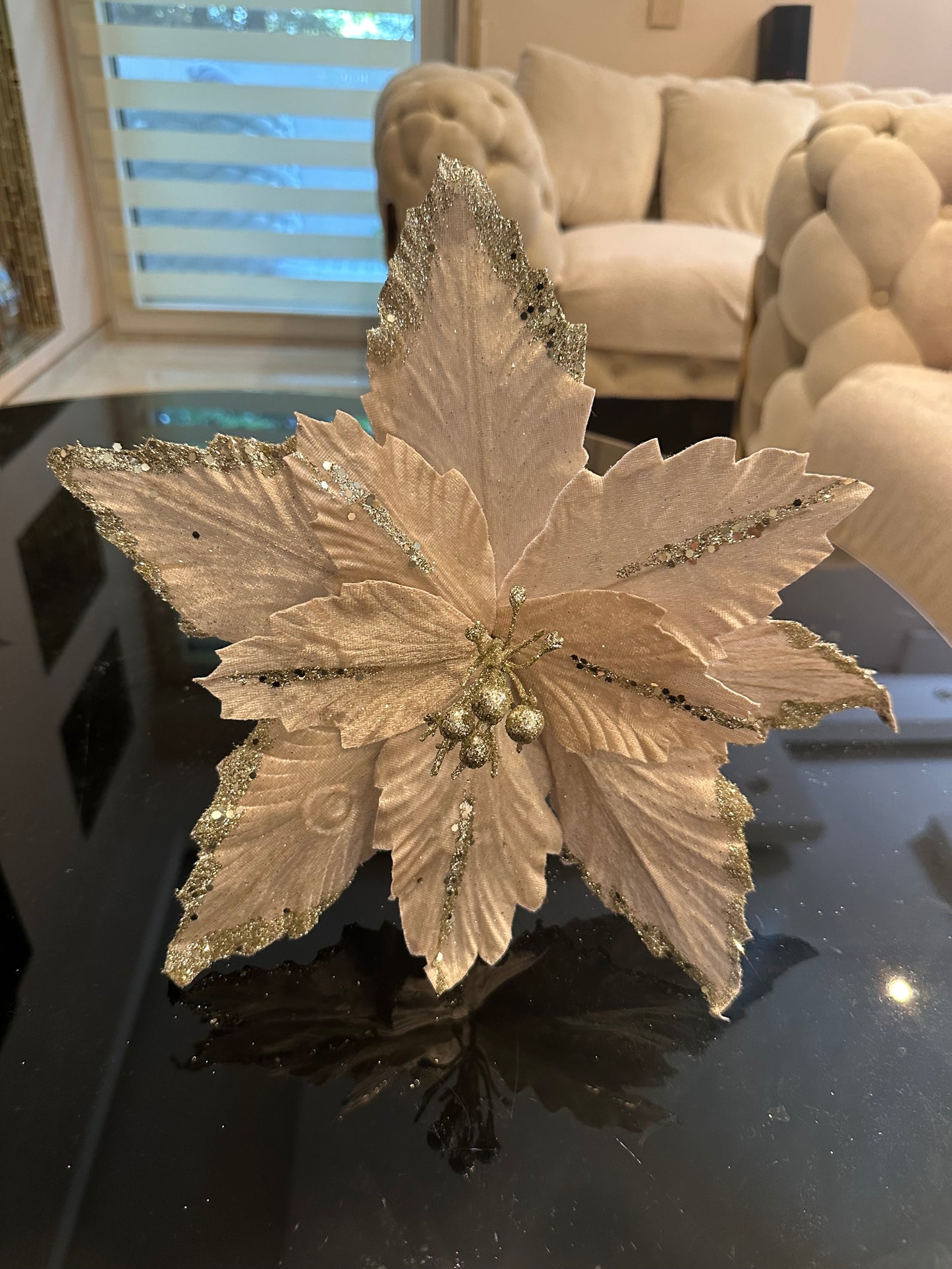Goldline- Weihnachtsstern Blume Samt beige mit gold 32cm