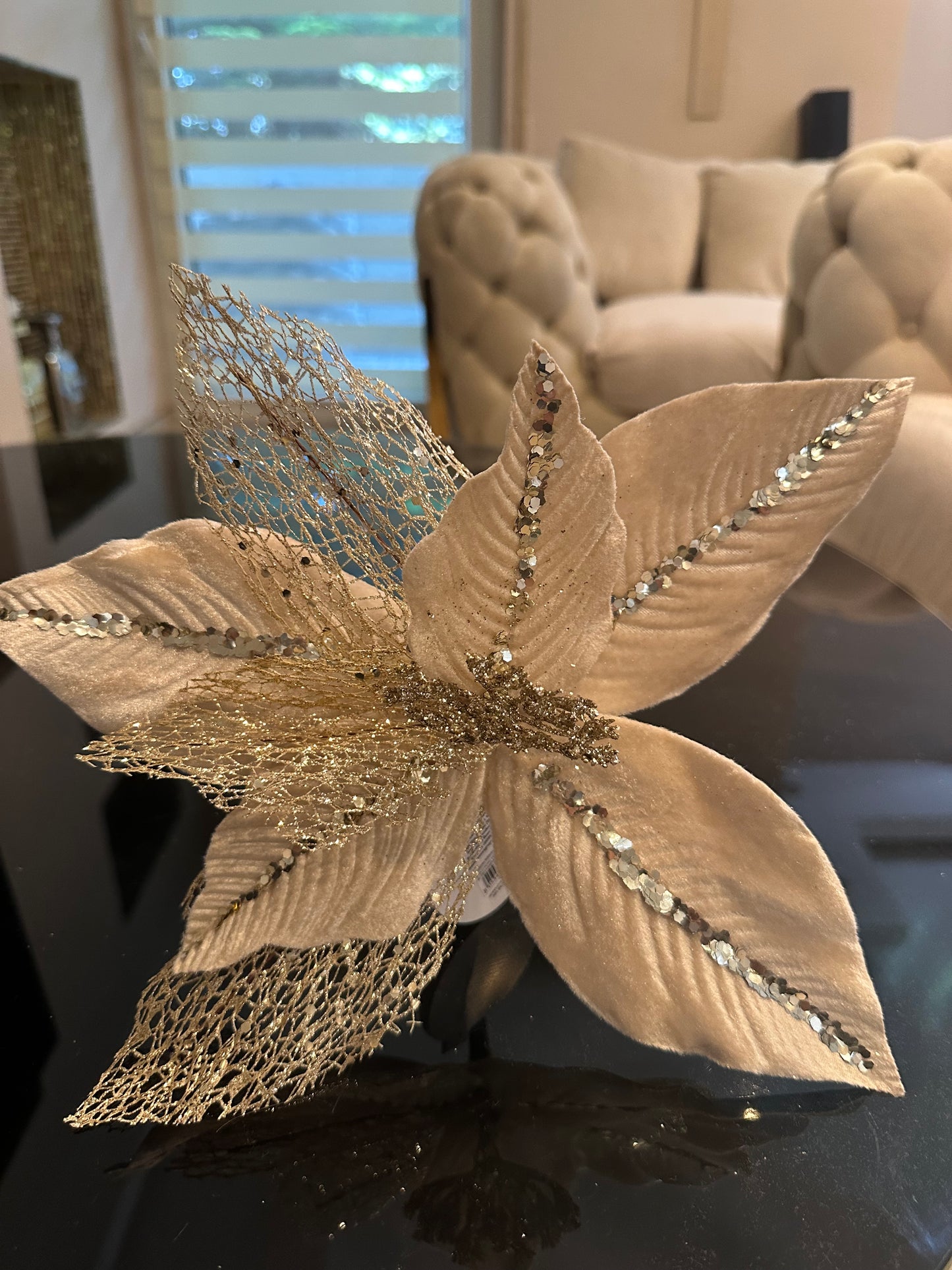 Goldline- Weihnachtsstern Blume beige mit gold Netz 32cm