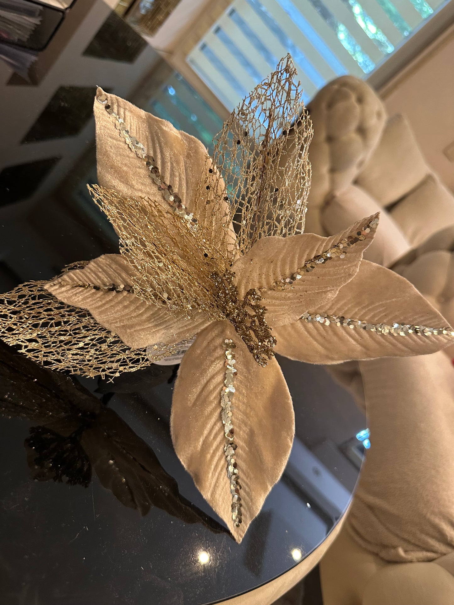 Goldline- Weihnachtsstern Blume beige mit gold Netz 32cm