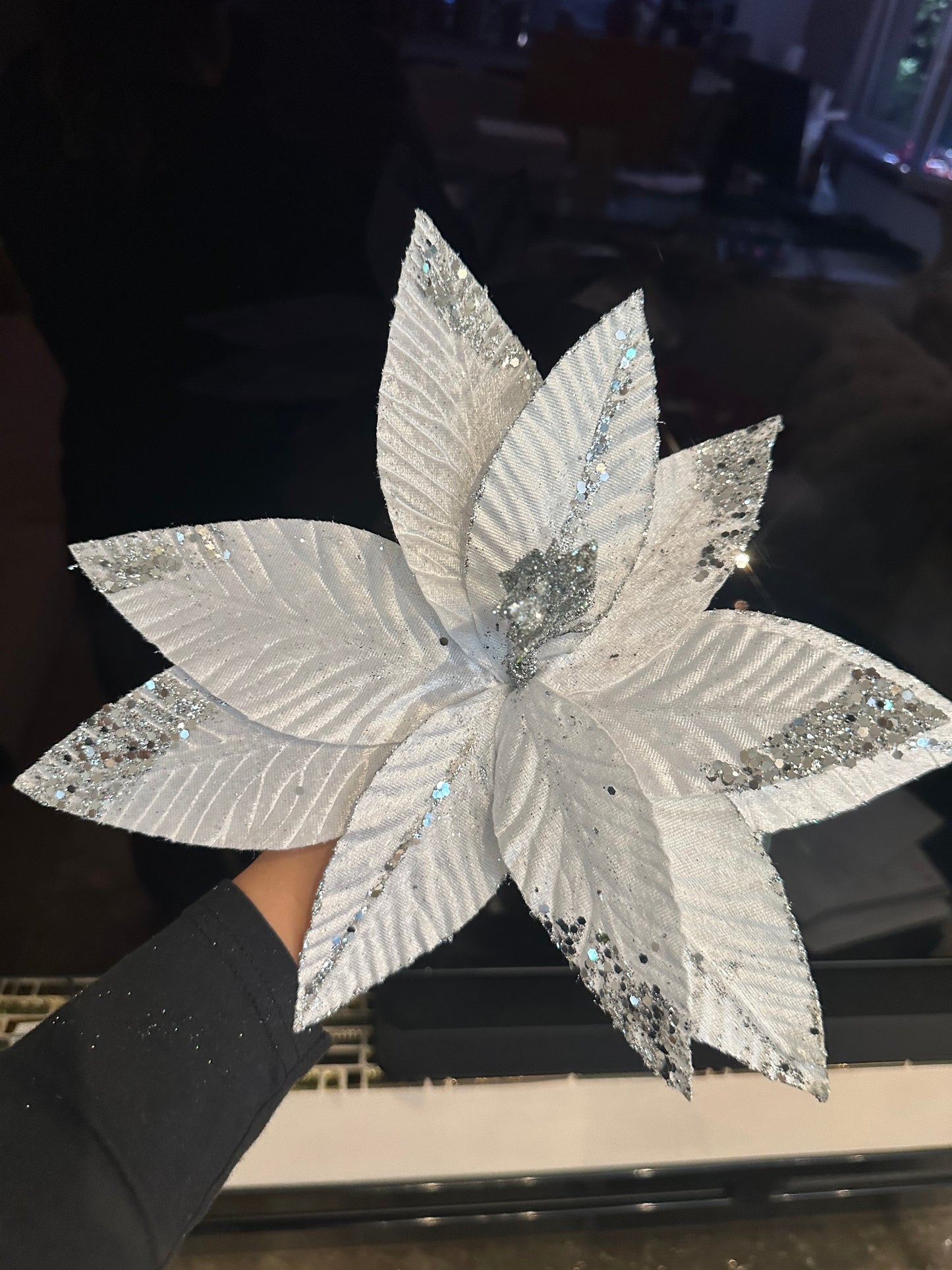 Goldline- Weihnachtsstern Blume weiss-silber Glitzer mit Stiel 32cm