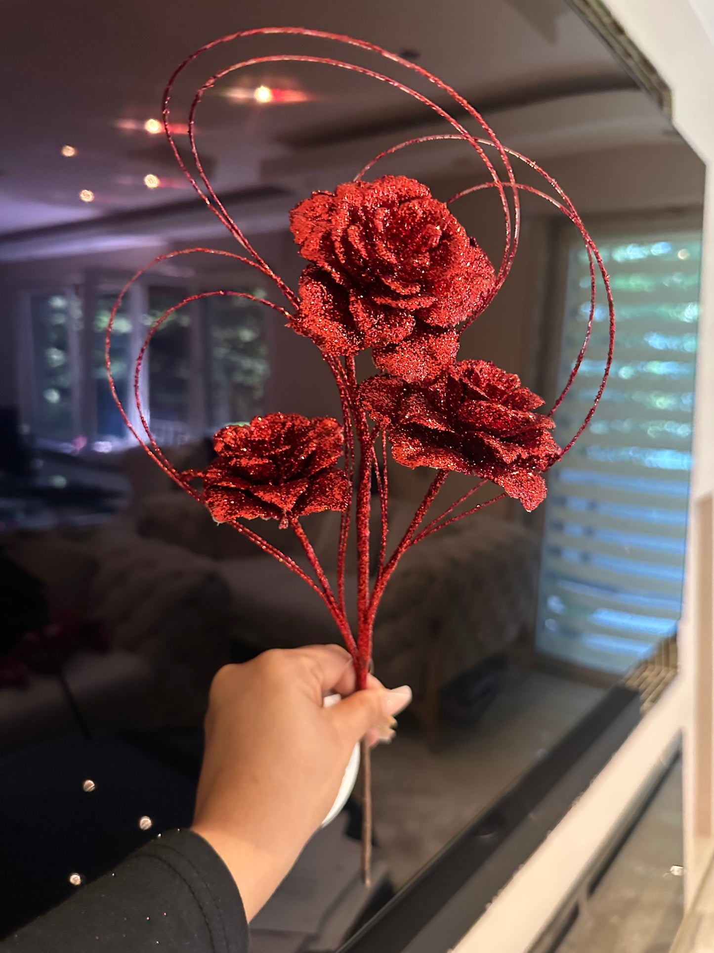 Goldline- Weihnachts Rosen Zweig rot mit Glitzer 47cm