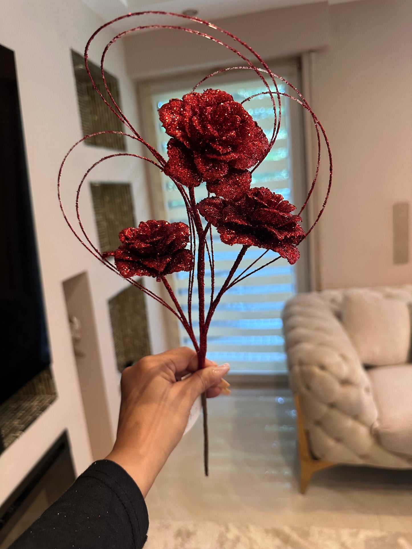 Goldline- Weihnachts Rosen Zweig rot mit Glitzer 47cm