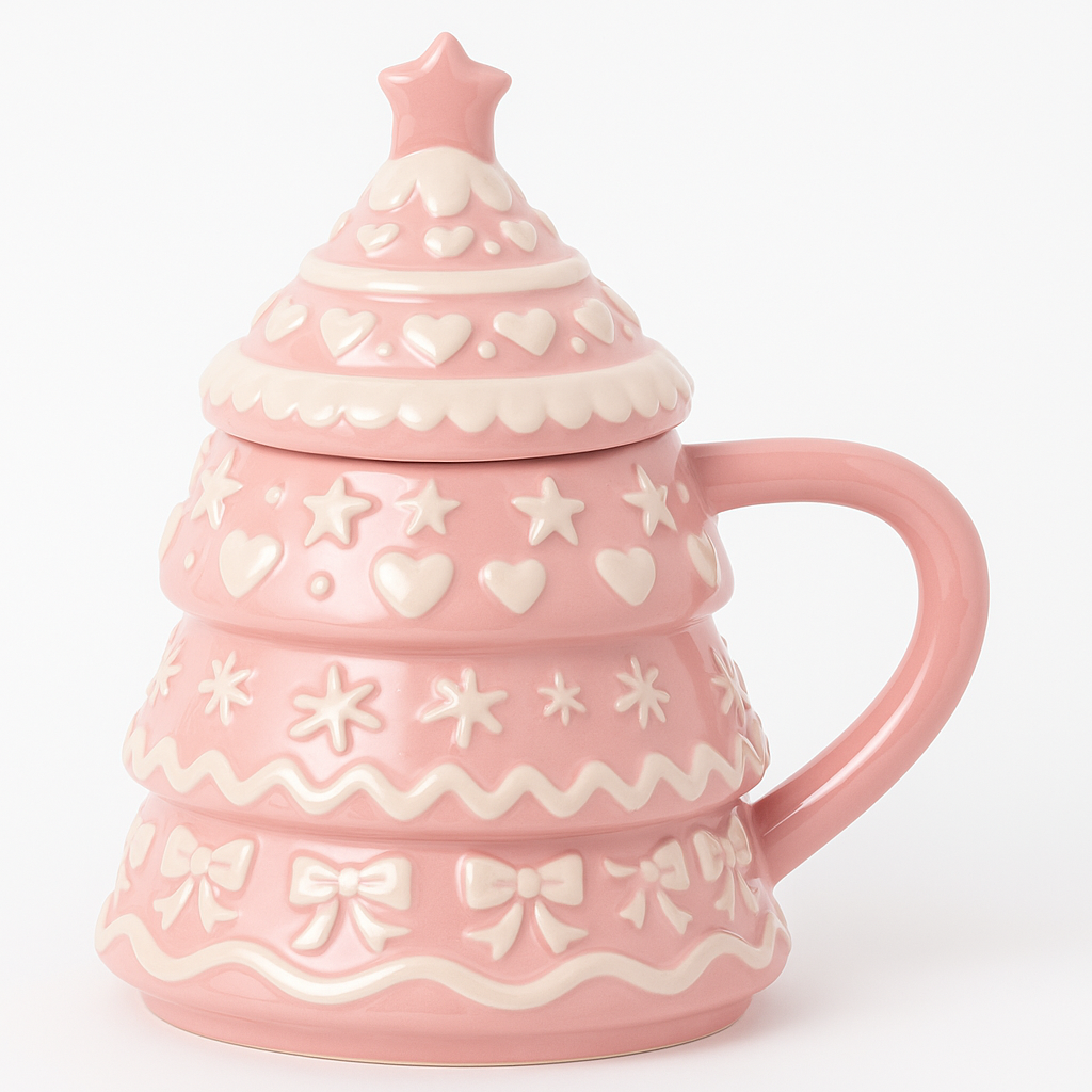 Goldline- Tasse mit Deckel rosa weiß Keramik 13cm x 10cm x 16cm