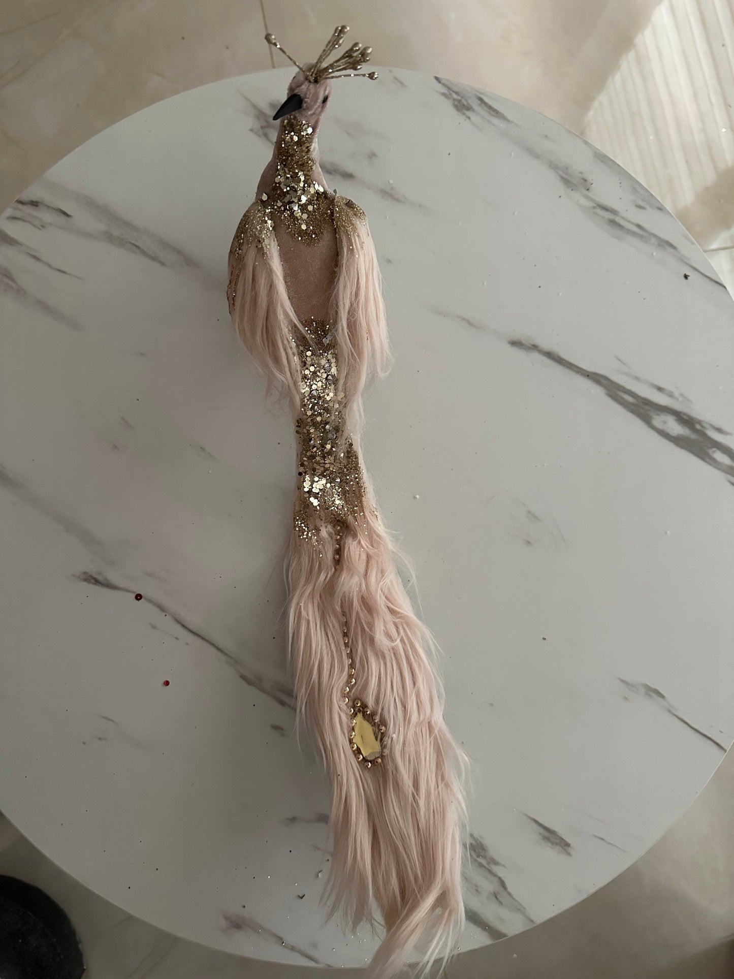 Goldline- Deko Vogel aus Samt in Hellrosa mit Kunstfell und Glitzer, 19 x 14 x 45 cm