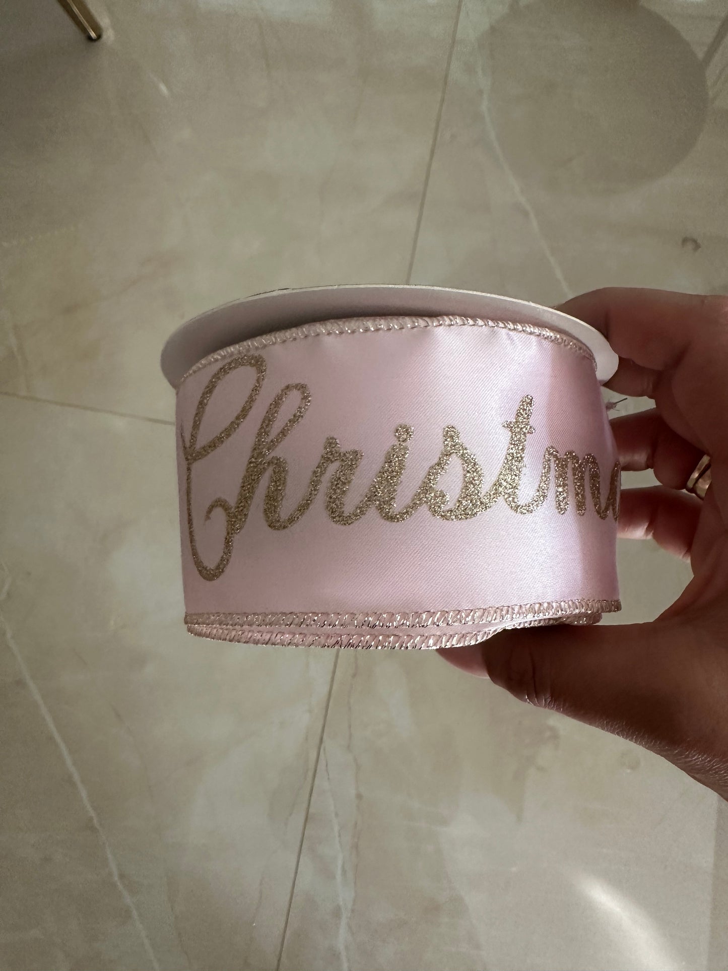 Goldline- Deko Stoffband in Rosa-Gold und "Merry Christmas" Schriftzug, 10 m