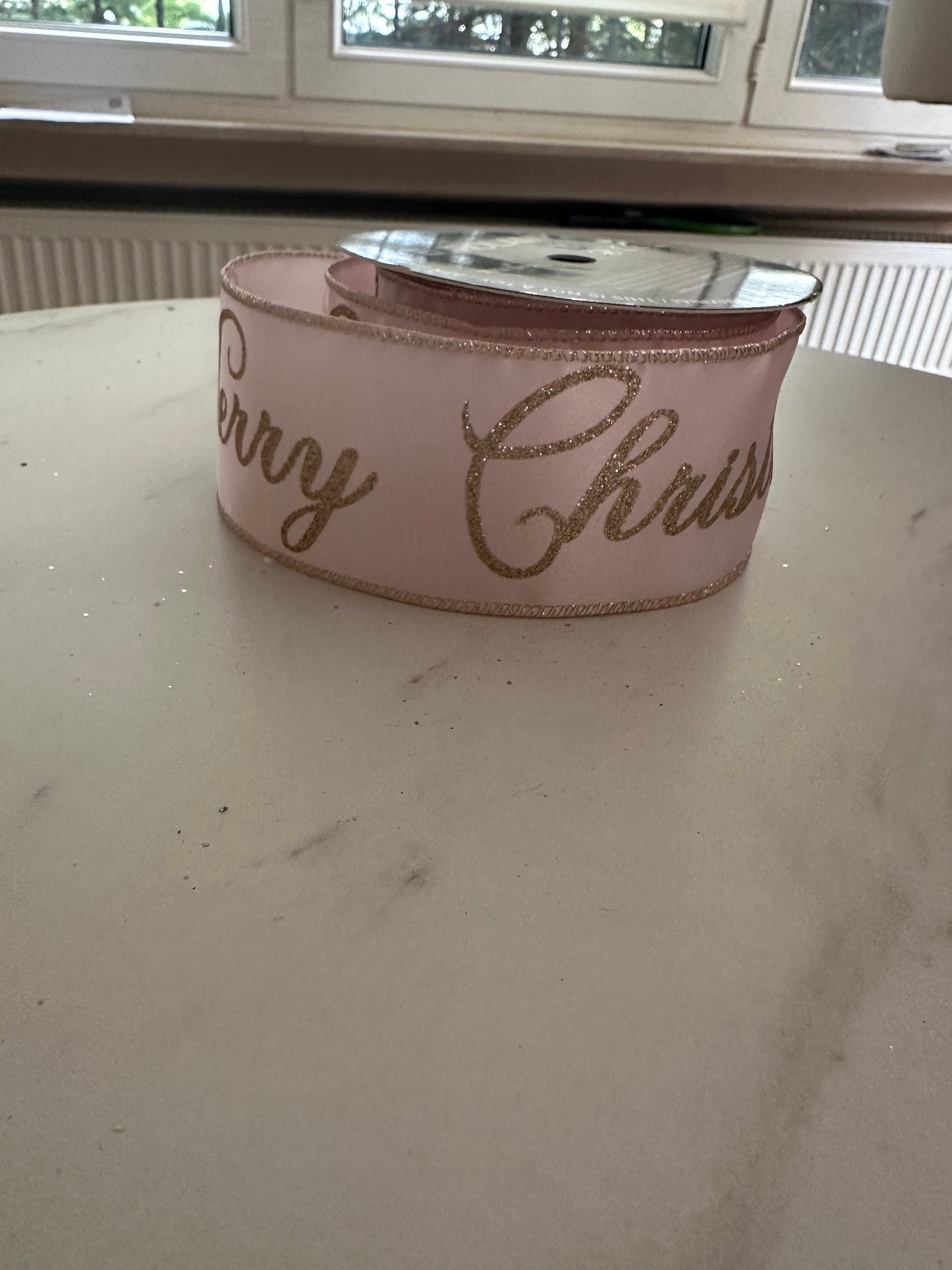 Goldline- Deko Stoffband in Rosa-Gold und "Merry Christmas" Schriftzug, 10 m