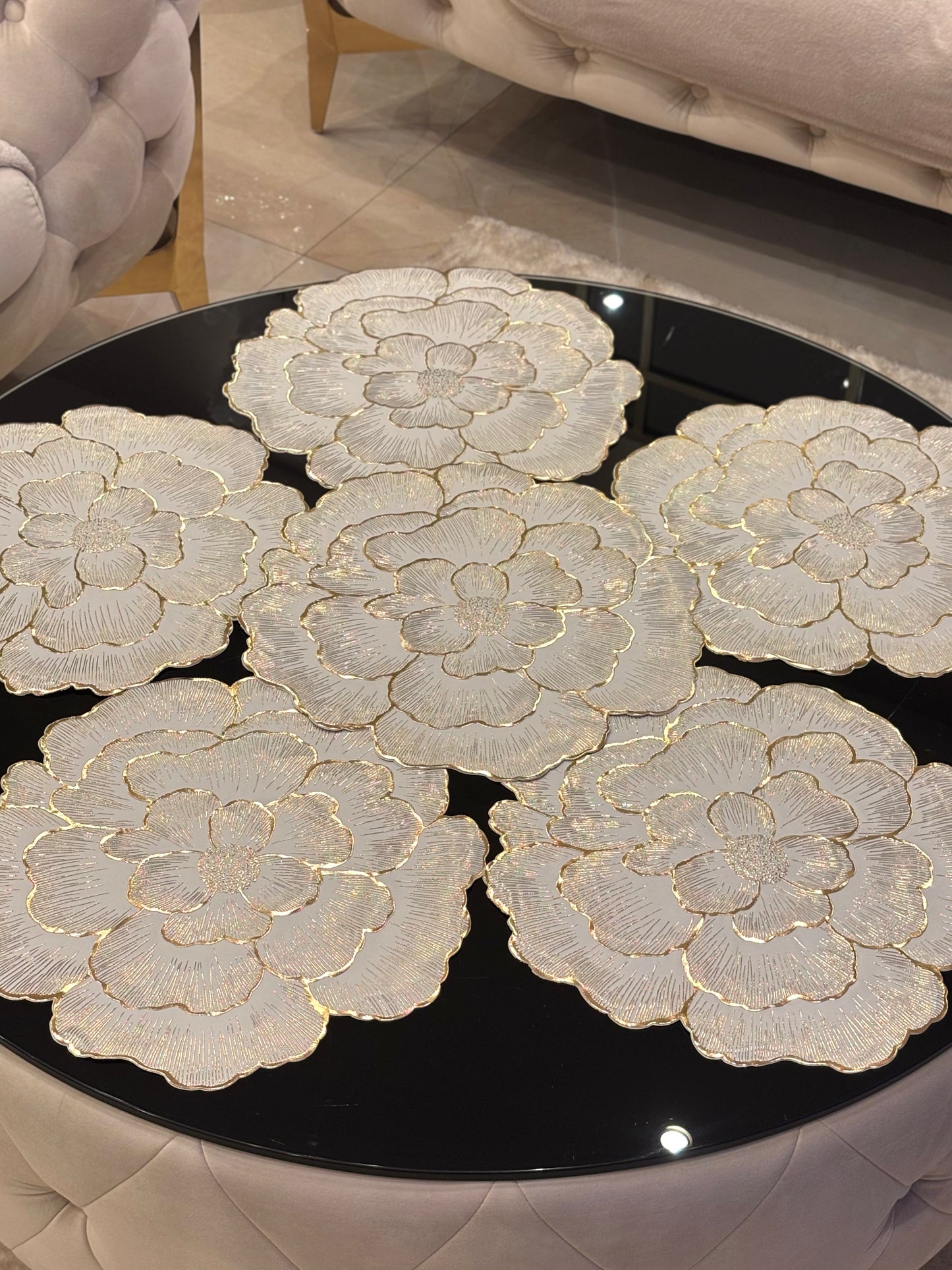 Goldline-Luxus Platz 6er Set Blumen Design Weiss-Gold