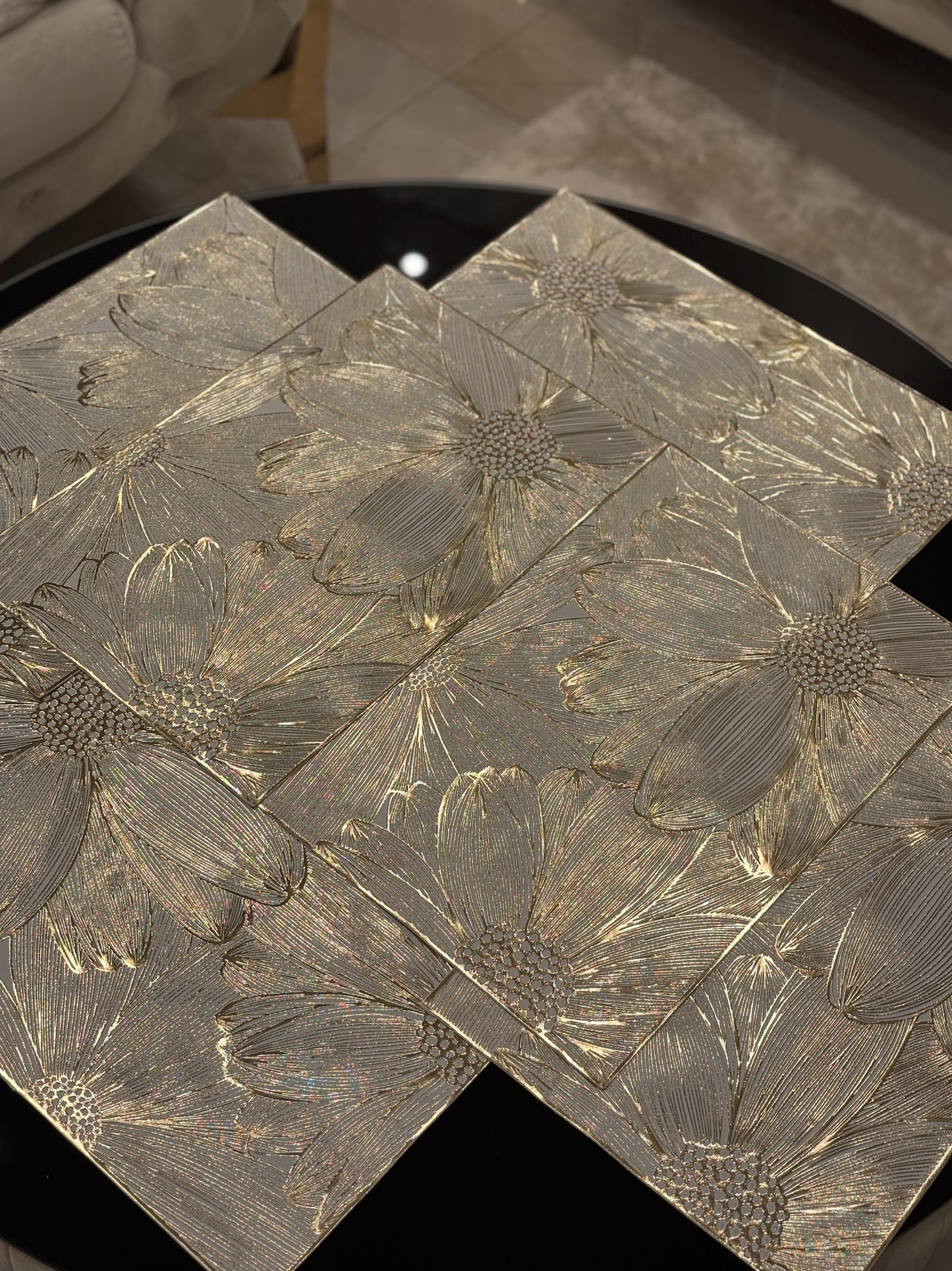 Goldline-Luxus Platz 6er Set Blumen Design Rechteckig Weiß-Gold