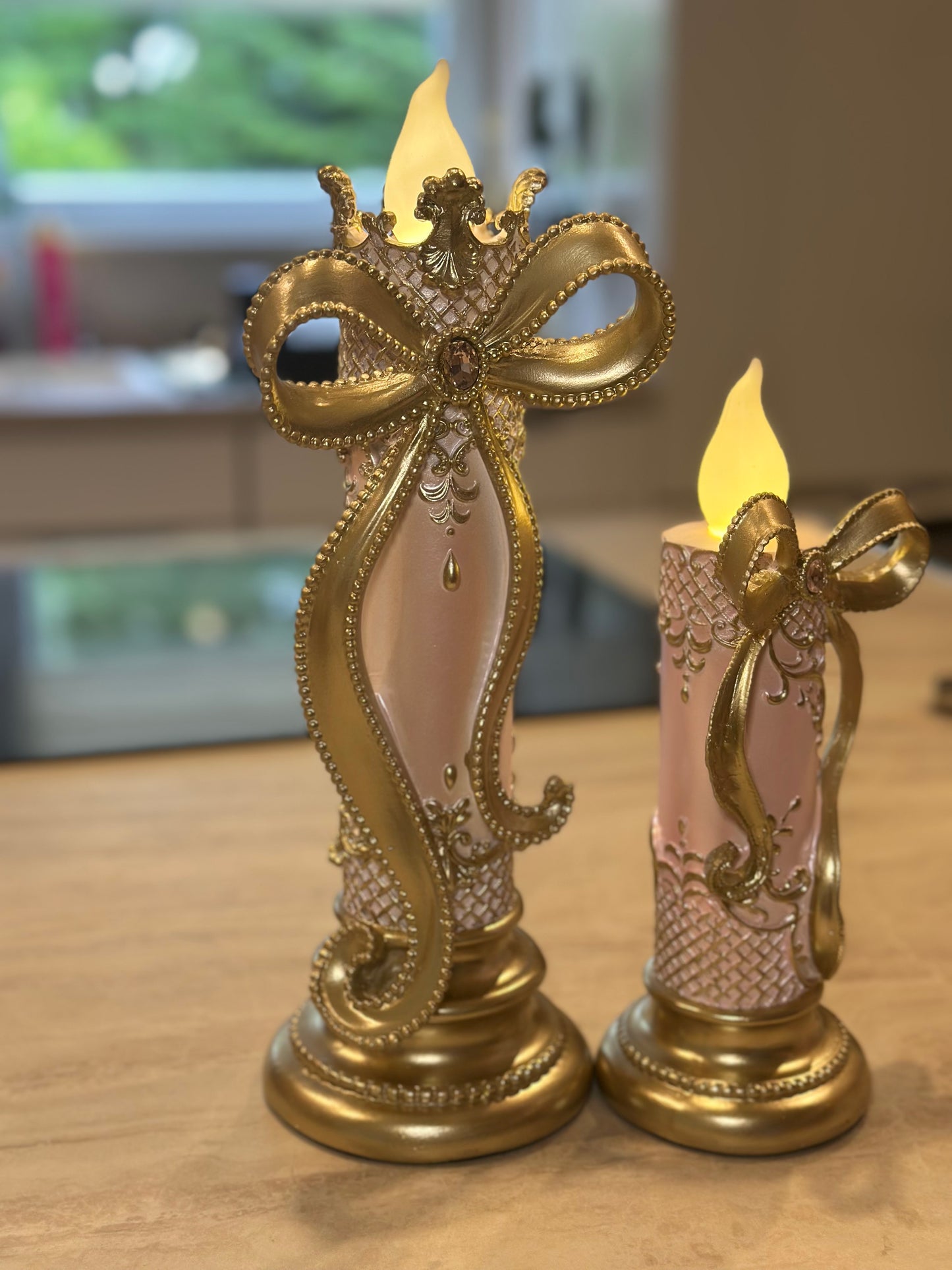 Goldline- Led Kerzen in elegantem Stil rosa-gold mit Schleife