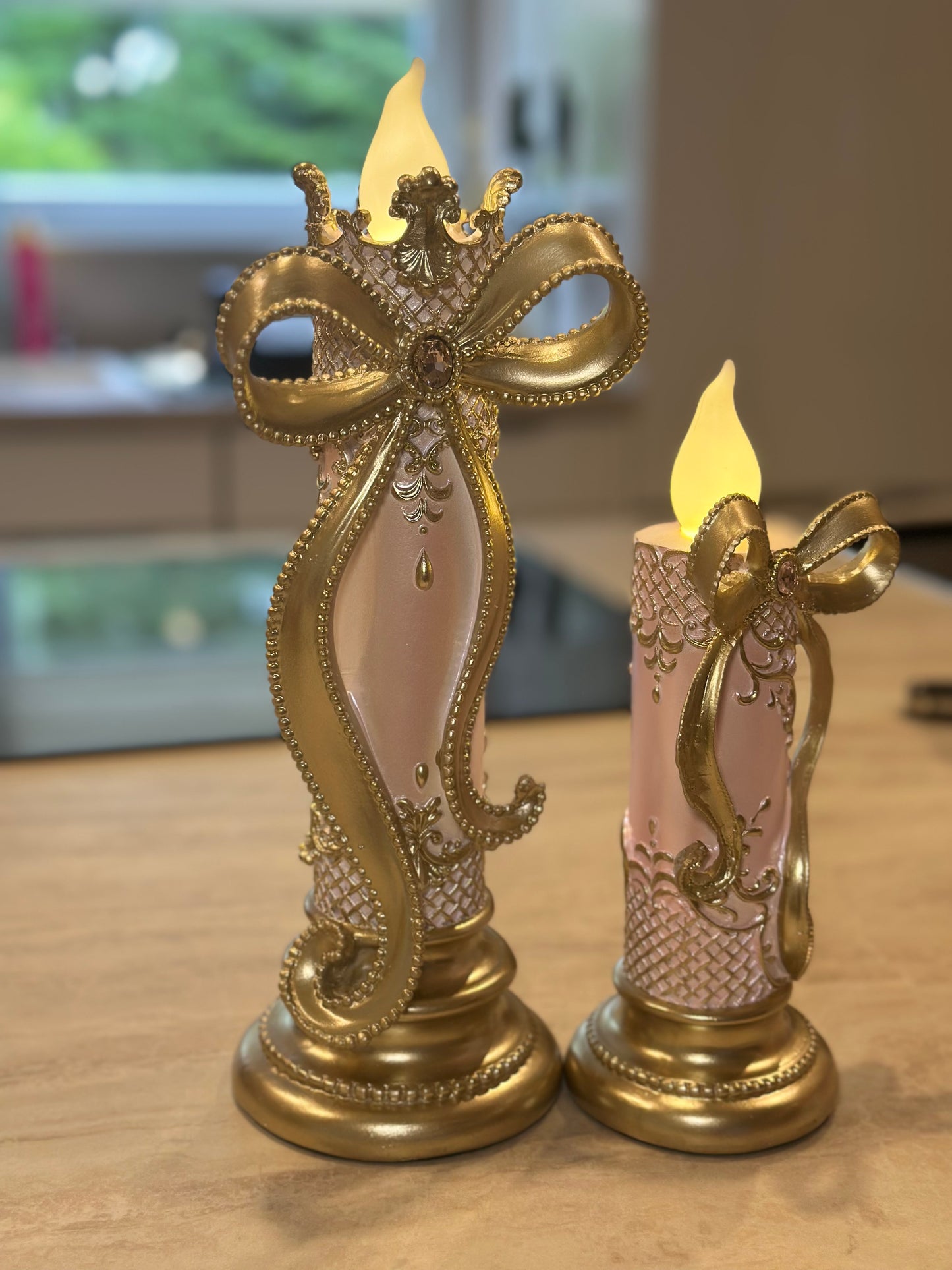 Goldline- Led Kerzen in elegantem Stil rosa-gold mit Schleife