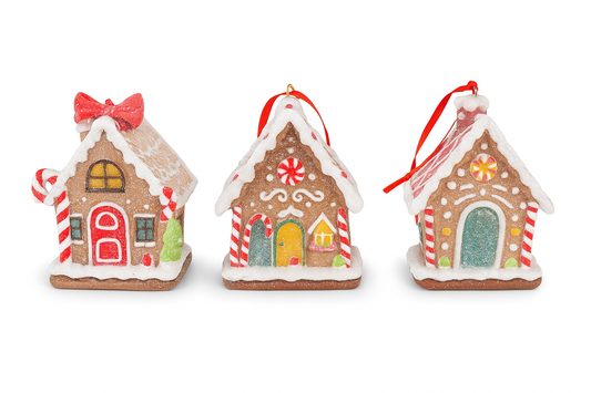 Goldline- Weihnachtsdeko Candy Lebkuchen 3er Set Häuschen Anhänger mit Glitzer, 6,5 x 5 x 9 cm