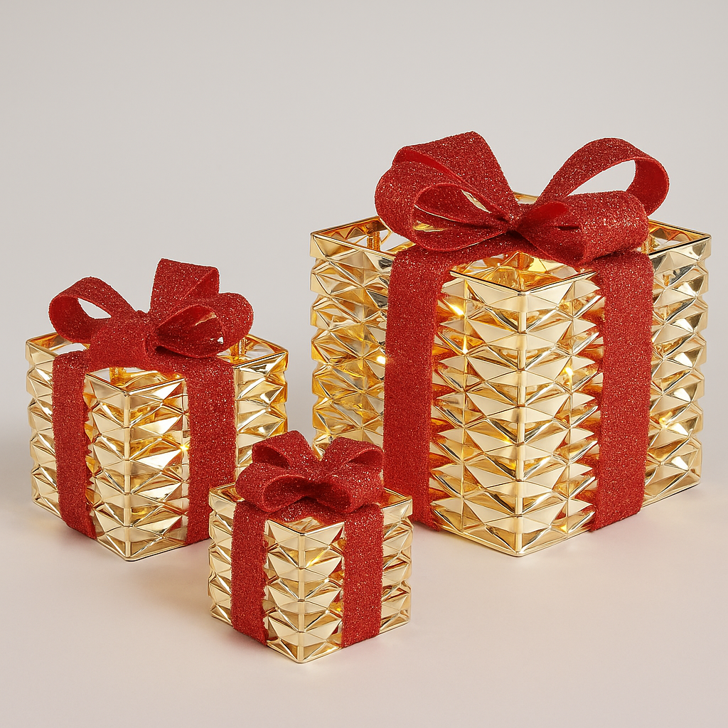 Goldline- 3er Geschenke Set in Gold Rot  mit Glitzer und LED Beleuchtung (15 cm, 20 cm , 25 cm)