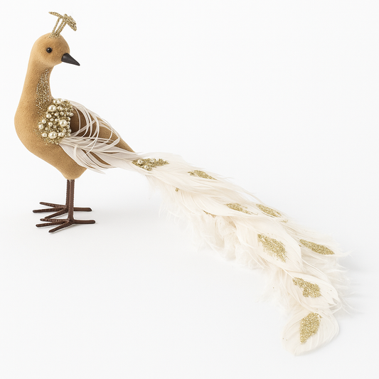 Goldline- Deko Vogel aus Samt in Beige mit weißen Federn und Strass, 35 x 19 cm