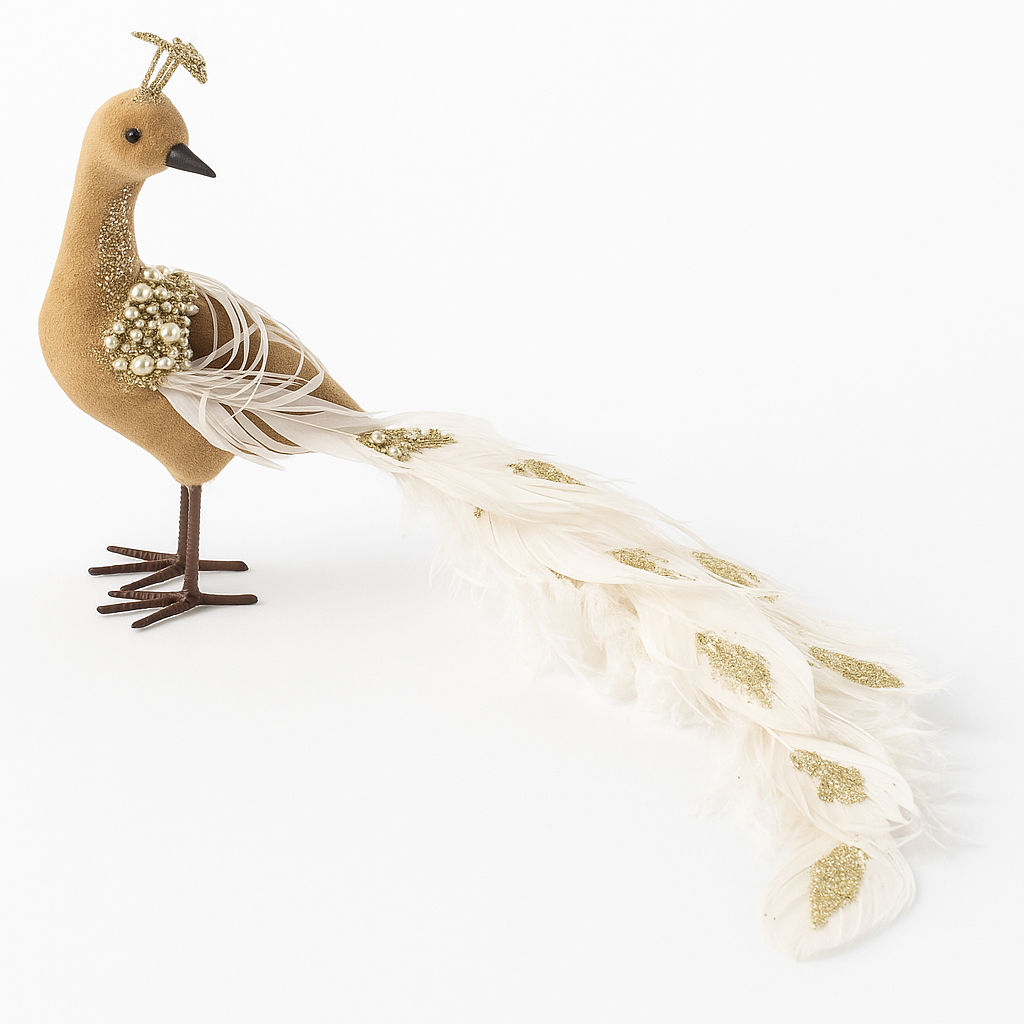 Goldline- Deko Vogel aus Samt in Beige mit weißen Federn und Strass, 35 x 19 cm