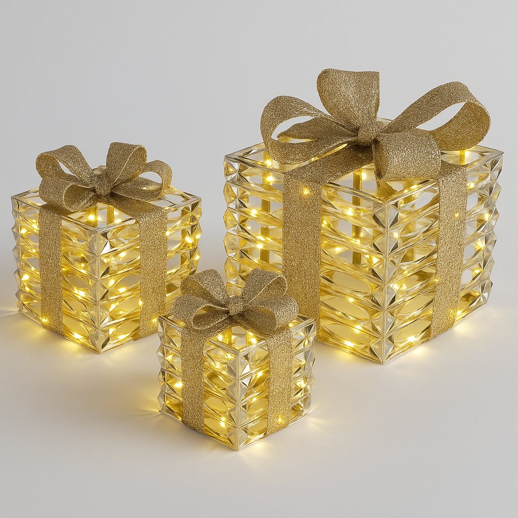 Goldline- 3er Geschenke Set in Gold mit Glitzer und LED Beleuchtung (15 cm, 20 cm , 25 cm)
