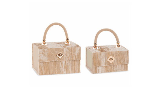 Goldline-Exklusive Deko Tasche / Geschenk Box beige aus Samt und Golddetails, in 2 Größen wählbar S: 17,5cm x 12,5cm x 10,5cm, M: 21,5cm x 16,5cm x 14cm