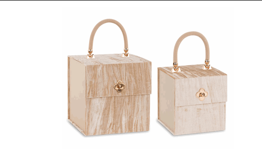 Goldline-Exklusive Deko Tasche / Geschenk Box beige aus Samt und Golddetails, in 2 Größen wählbar S: 17cm x 16cm x 16cm, M: 22cm x 21cm x 21cm