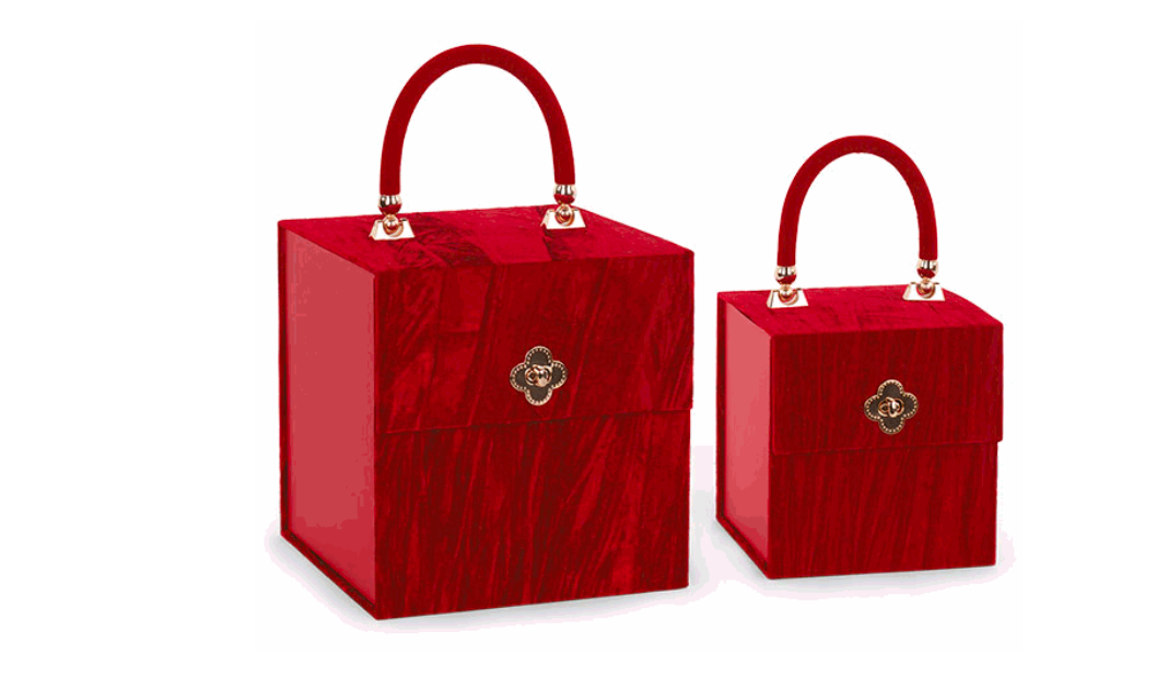 Goldline-Exklusive Deko Tasche / Geschenk Box rot aus Samt und Golddetails, in 2 Größen wählbar S: 17cm x 16cm x 16cm, M: 22cm x 21cm x 21cm