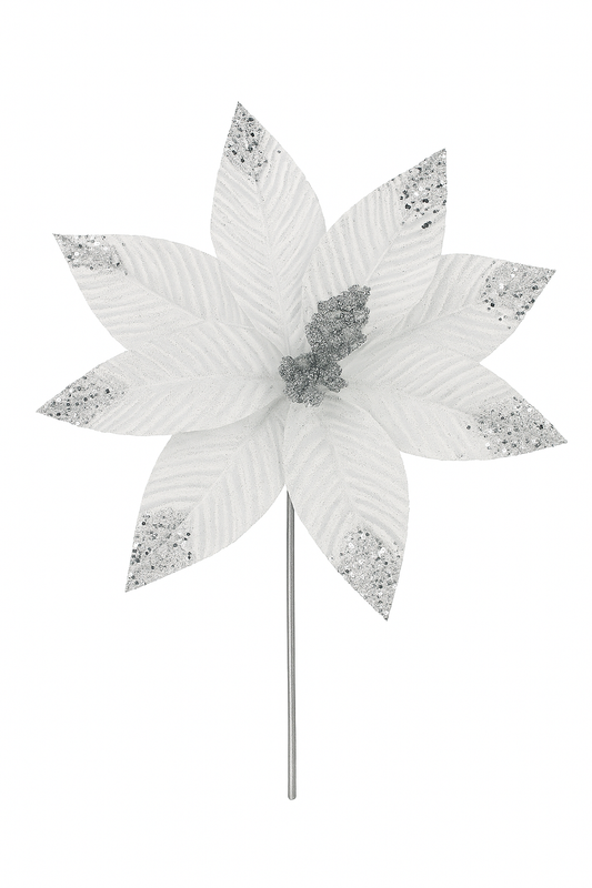 Goldline- Weihnachtsstern Blume weiss-silber Glitzer mit Stiel 32cm