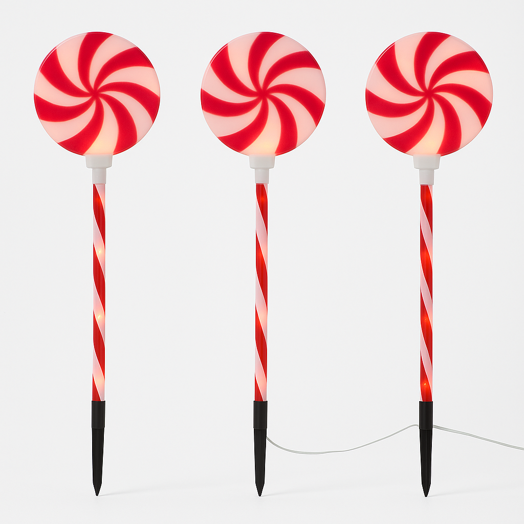Goldline- Weihnachts Candy Lollis 3er set mit Beleuchtung 48 LEDs 60cm Indoor & Outdoor