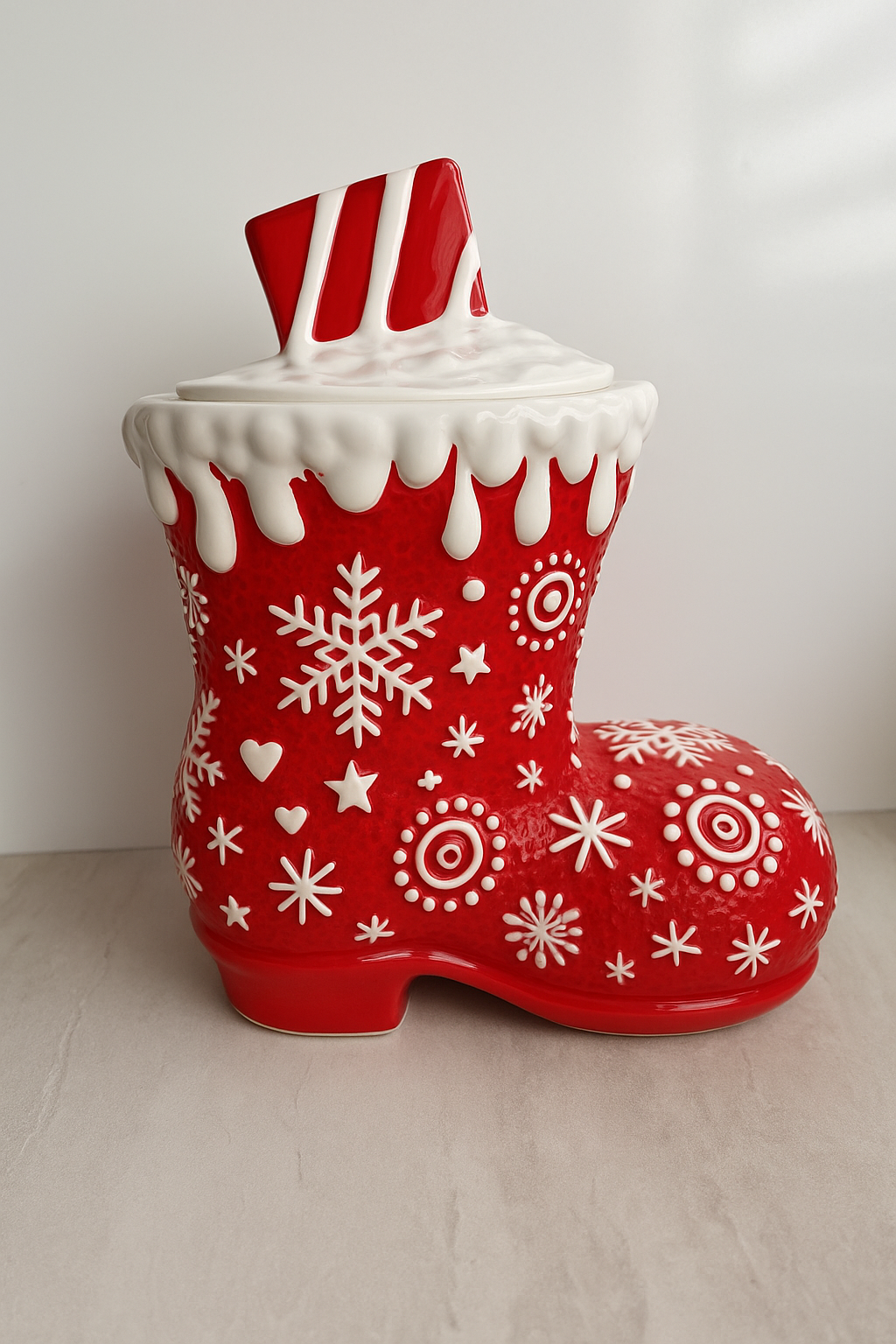 Goldline- Keksdosen/Aufbewahrung, Tasse rot weiß, Keramik, 4 Varianten, Stiefel: 23cm x 15cm x 28cm, Weihnachtsmann: 21cm x 16cm x 24cm, Geschenk: 21cm x 15cm x 18cm, Tasse mit Deckel: 14cm x 10cm x 15cm