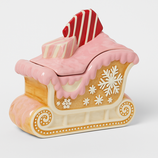 Goldline- Keksdose Schlitten Form rosa, Lebkuchen Design, groß 25cm x 13cm x 23cm