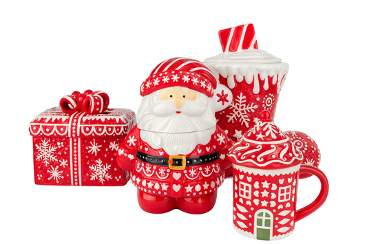 Goldline- Keksdosen/Aufbewahrung, Tasse rot weiß, Keramik, 4 Varianten, Stiefel: 23cm x 15cm x 28cm, Weihnachtsmann: 21cm x 16cm x 24cm, Geschenk: 21cm x 15cm x 18cm, Tasse mit Deckel: 14cm x 10cm x 15cm