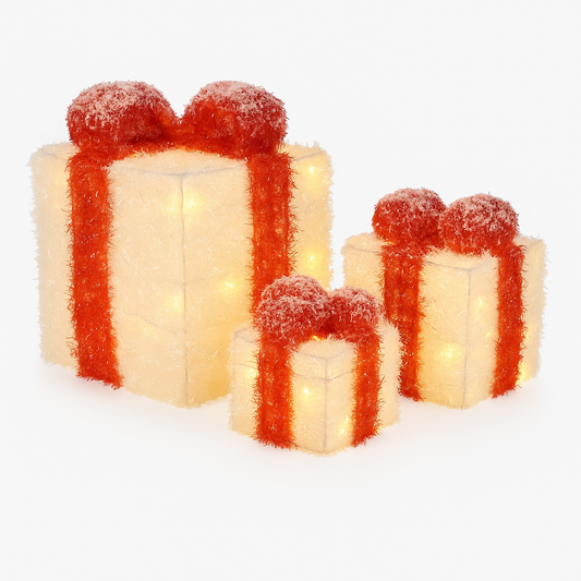 Goldline- Weihnachts Geschenke 3er set mit Schnee & Beleuchtung rot-weiß Indoor & Outdoor