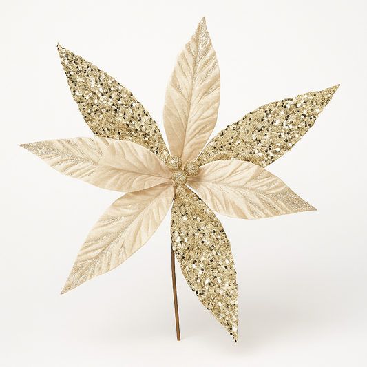 Goldline- Weihnachtsstern Blume beige mit Glitzer und goldenen Blättern 40cm