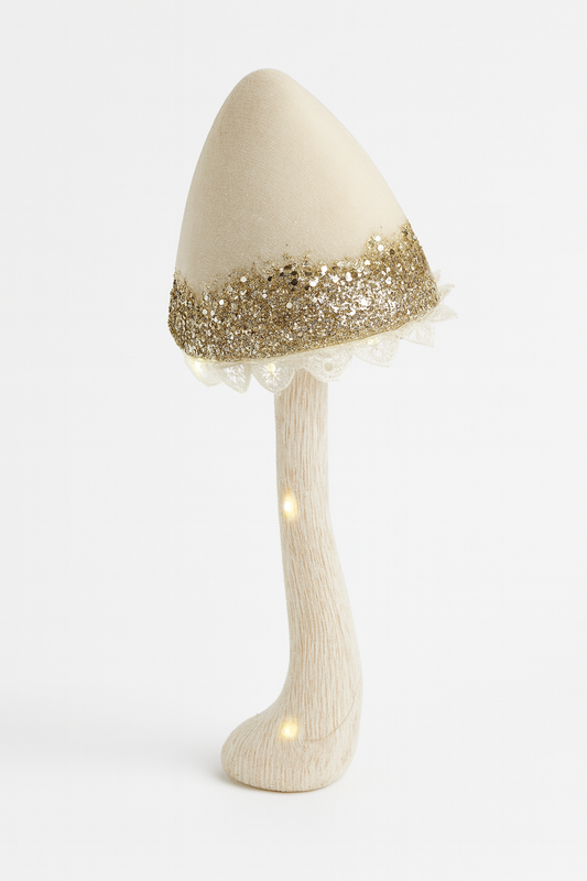 Goldline- Deko Pilz in Weiß Gold aus Samt mit LED Beleuchtung, 15 x 41 cm