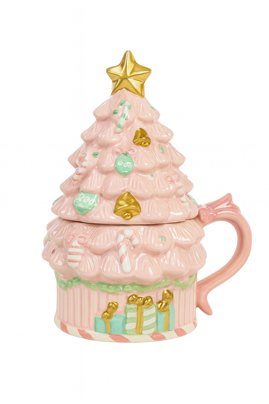 Goldline- Candy Pastell Rosa Tasse groß mit Deckel mit Gold und Pastell Details 15,5cm x 12cm x 17cm