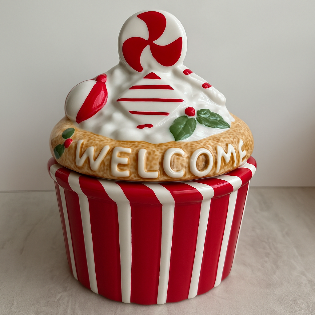 Goldline- Candy Keksdosen/Aufbewahrung rot,weiß,beige, grün Details,Keramik, 2 Varianten: Muffin: 18cm x 22cm, Schneemann: 14cm x 28cm