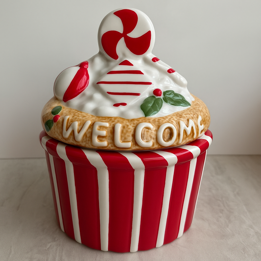 Goldline- Candy Keksdosen/Aufbewahrung rot,weiß,beige, grün Details,Keramik, 2 Varianten: Muffin: 18cm x 22cm, Schneemann: 14cm x 28cm