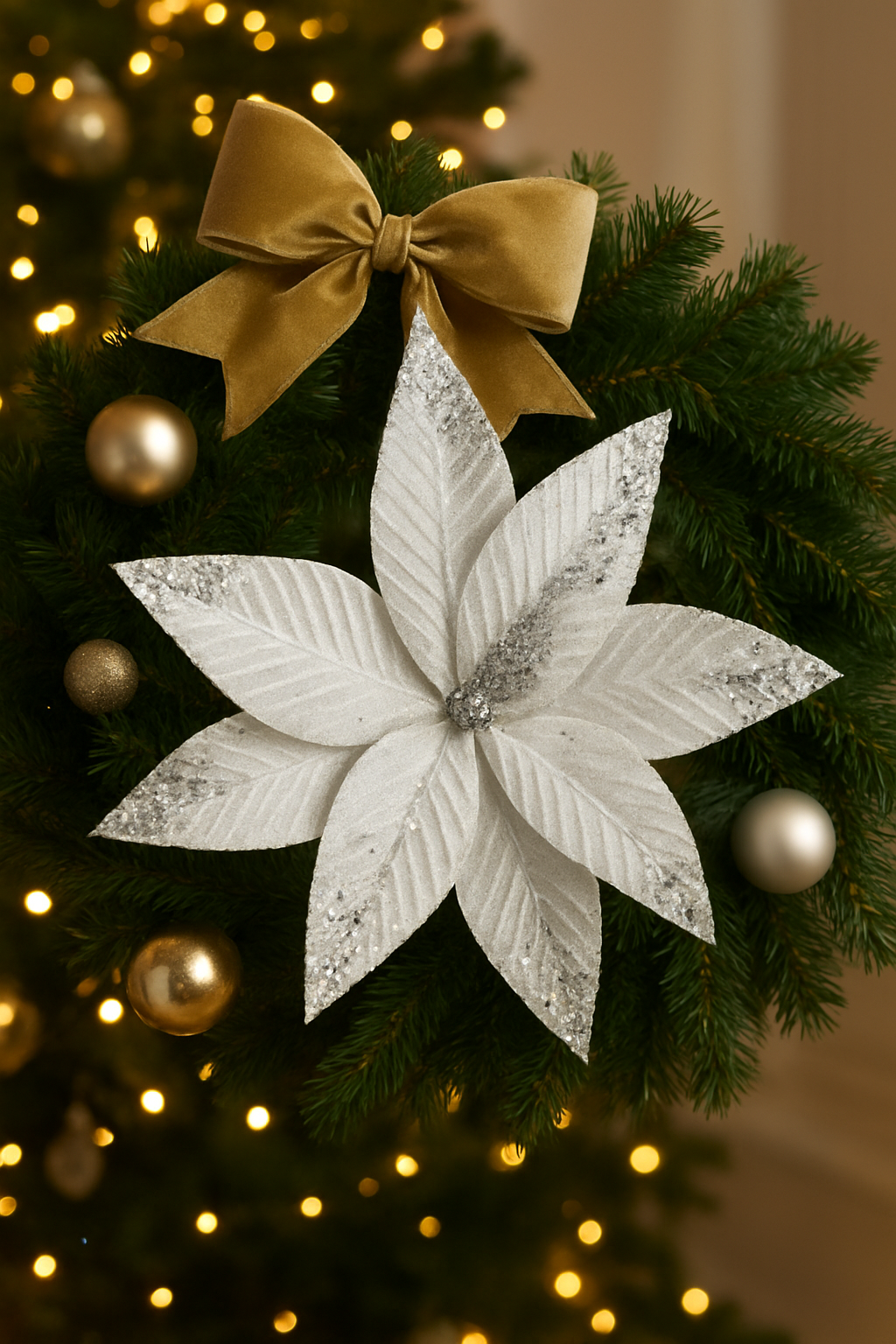 Goldline- Weihnachtsstern Blume weiss-silber Glitzer mit Stiel 32cm