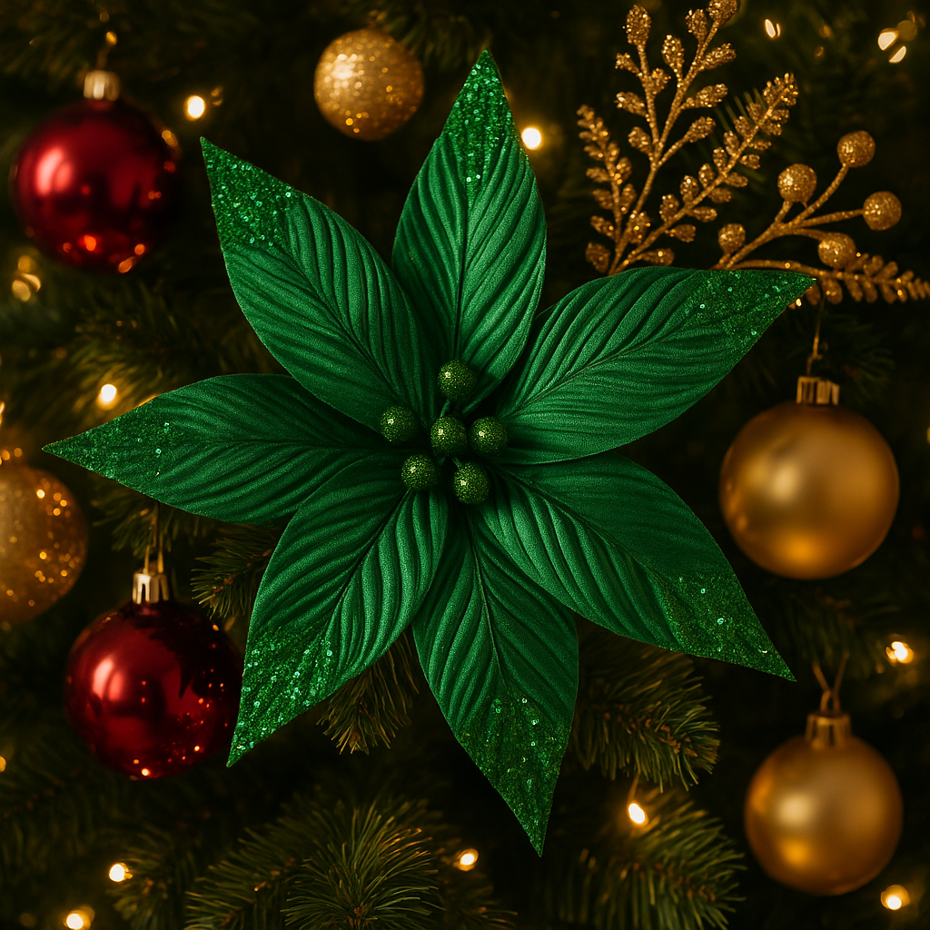 Goldline- Weihnachtsstern Blume grün glänzend mit Glitzer 40cm