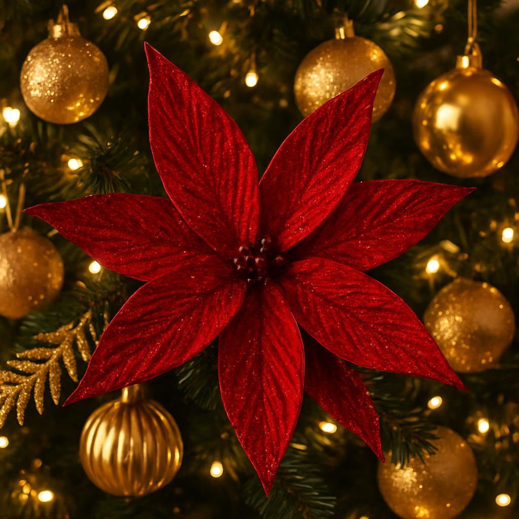 Goldline- Weihnachtsstern Blume rot samt mit Glitzer 40cm