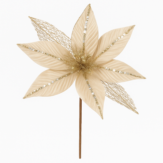 Goldline- Weihnachtsstern Blume beige mit gold Netz 32cm
