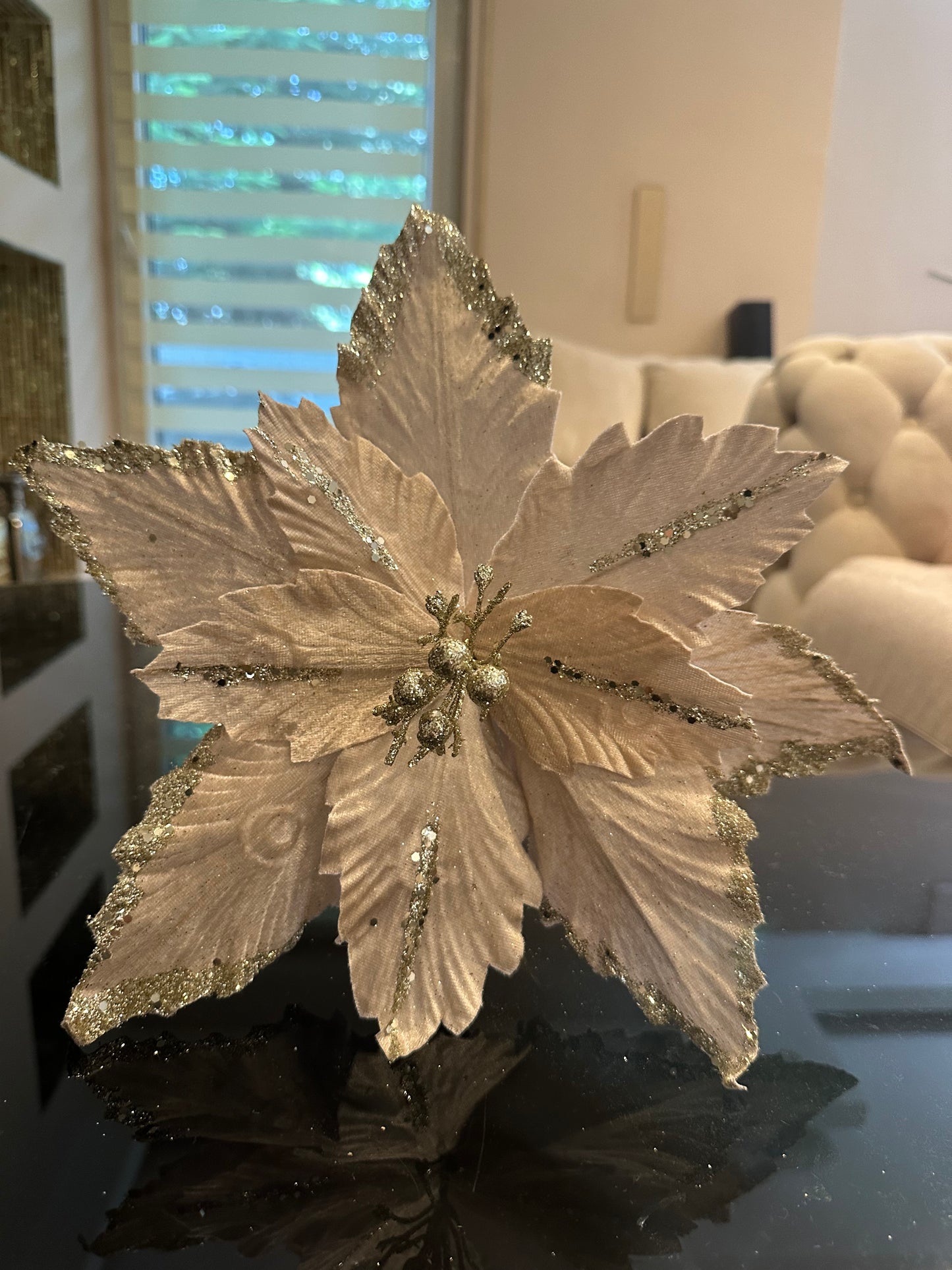 Goldline- Weihnachtsstern Blume Samt beige mit gold 32cm