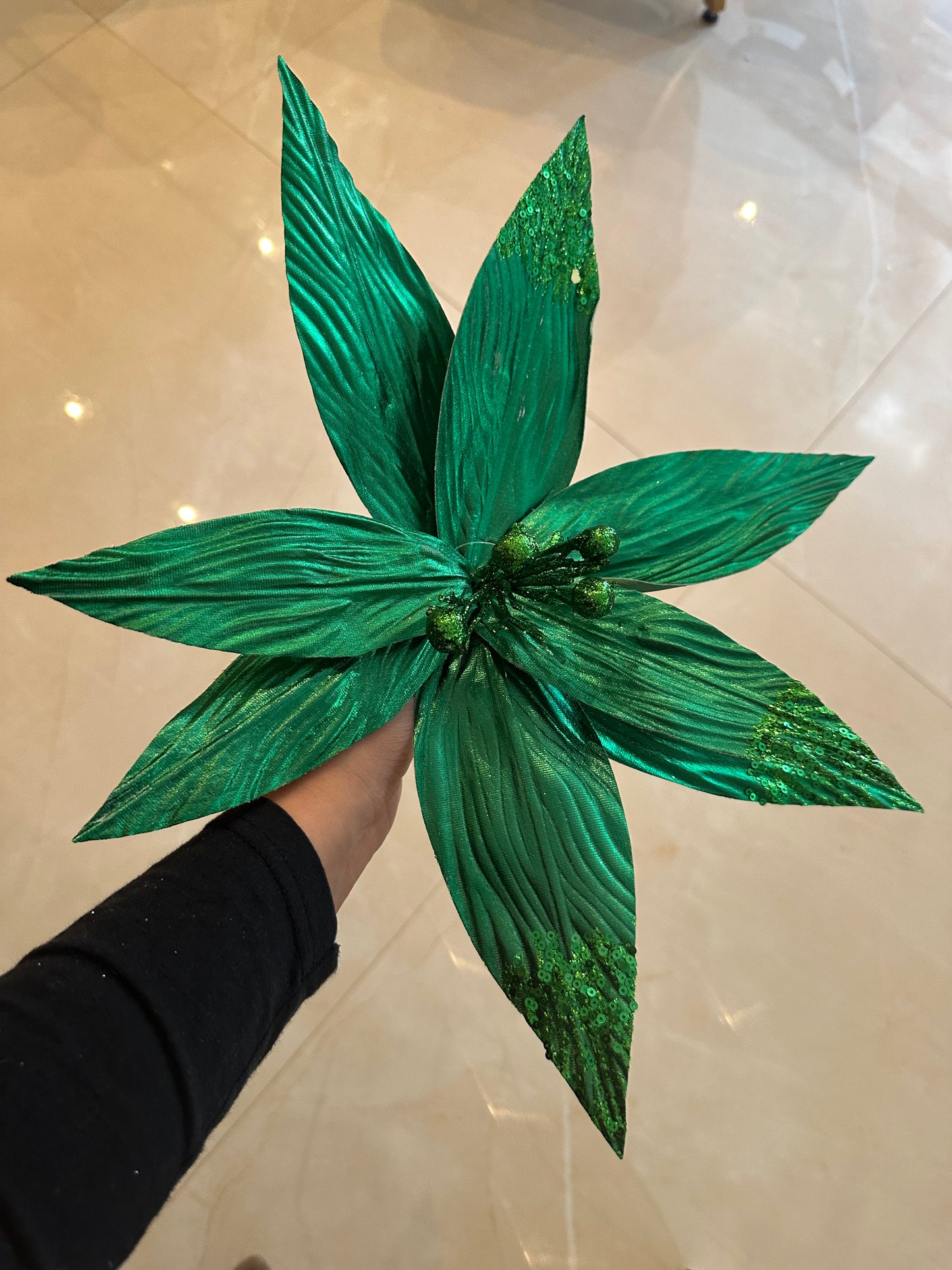 Goldline- Weihnachtsstern Blume grün glänzend mit Glitzer 40cm