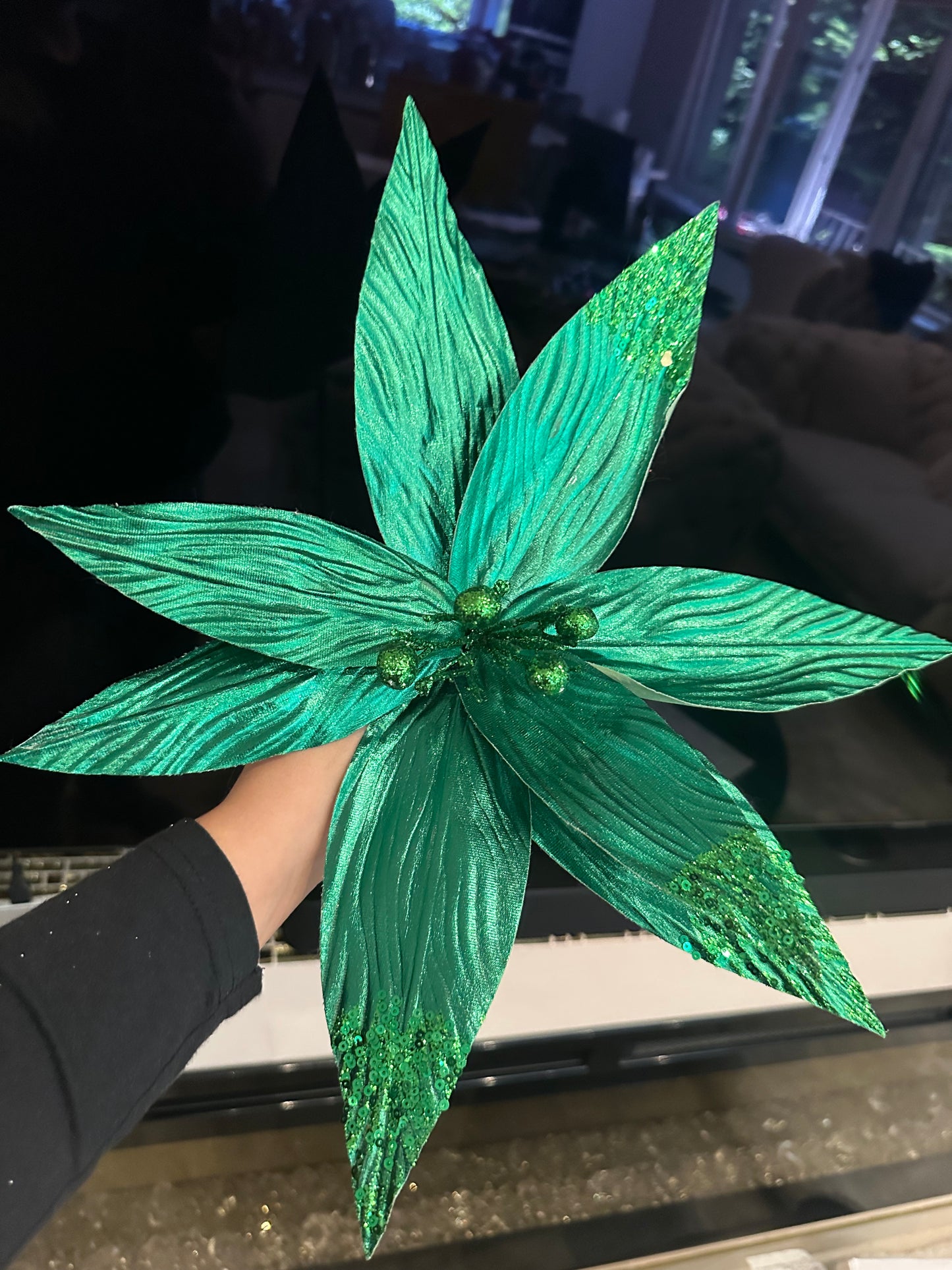 Goldline- Weihnachtsstern Blume grün glänzend mit Glitzer 40cm