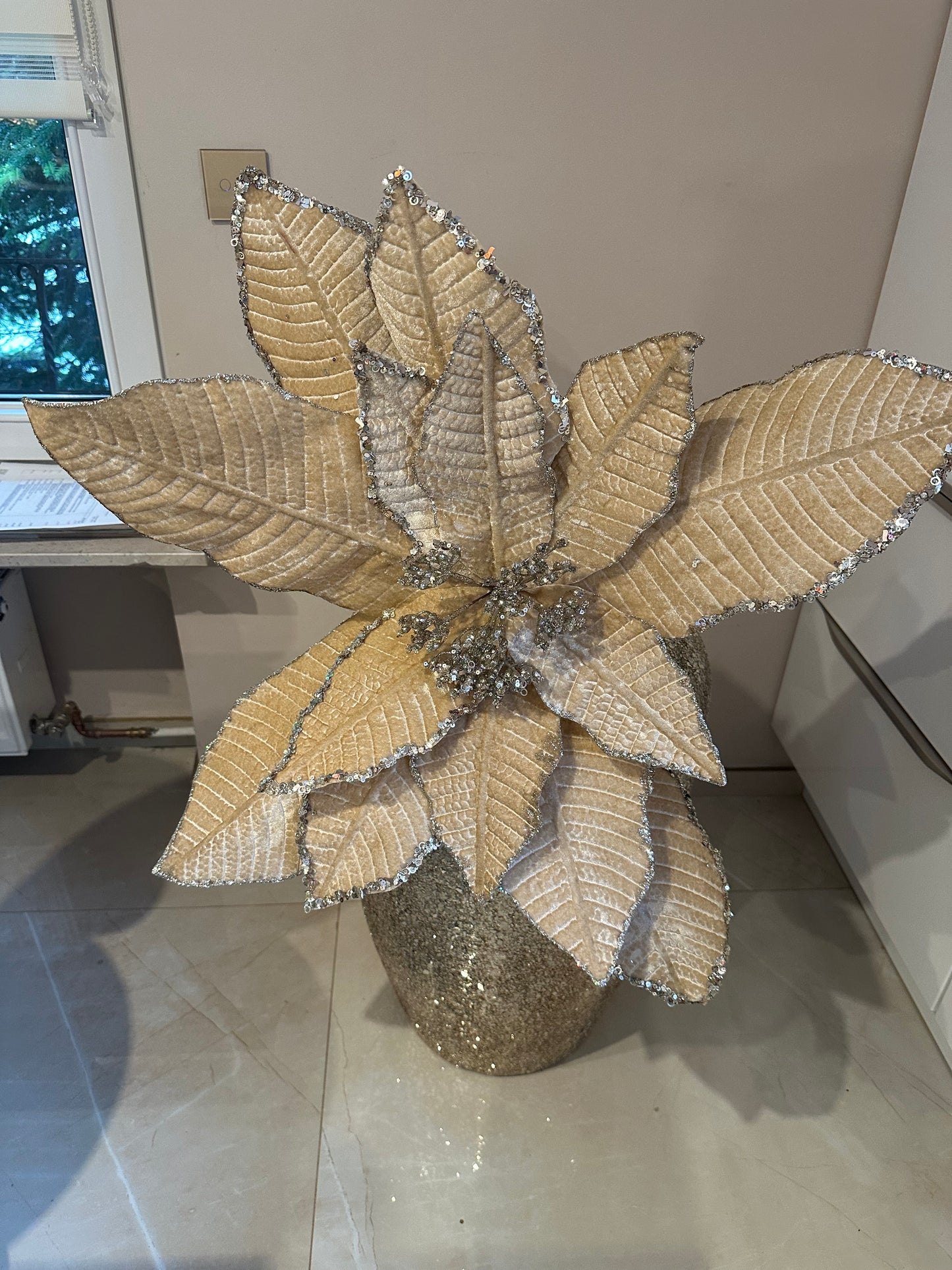 Goldline- XXL Blume beige Gold mit Stiel 80cm x 60 cm