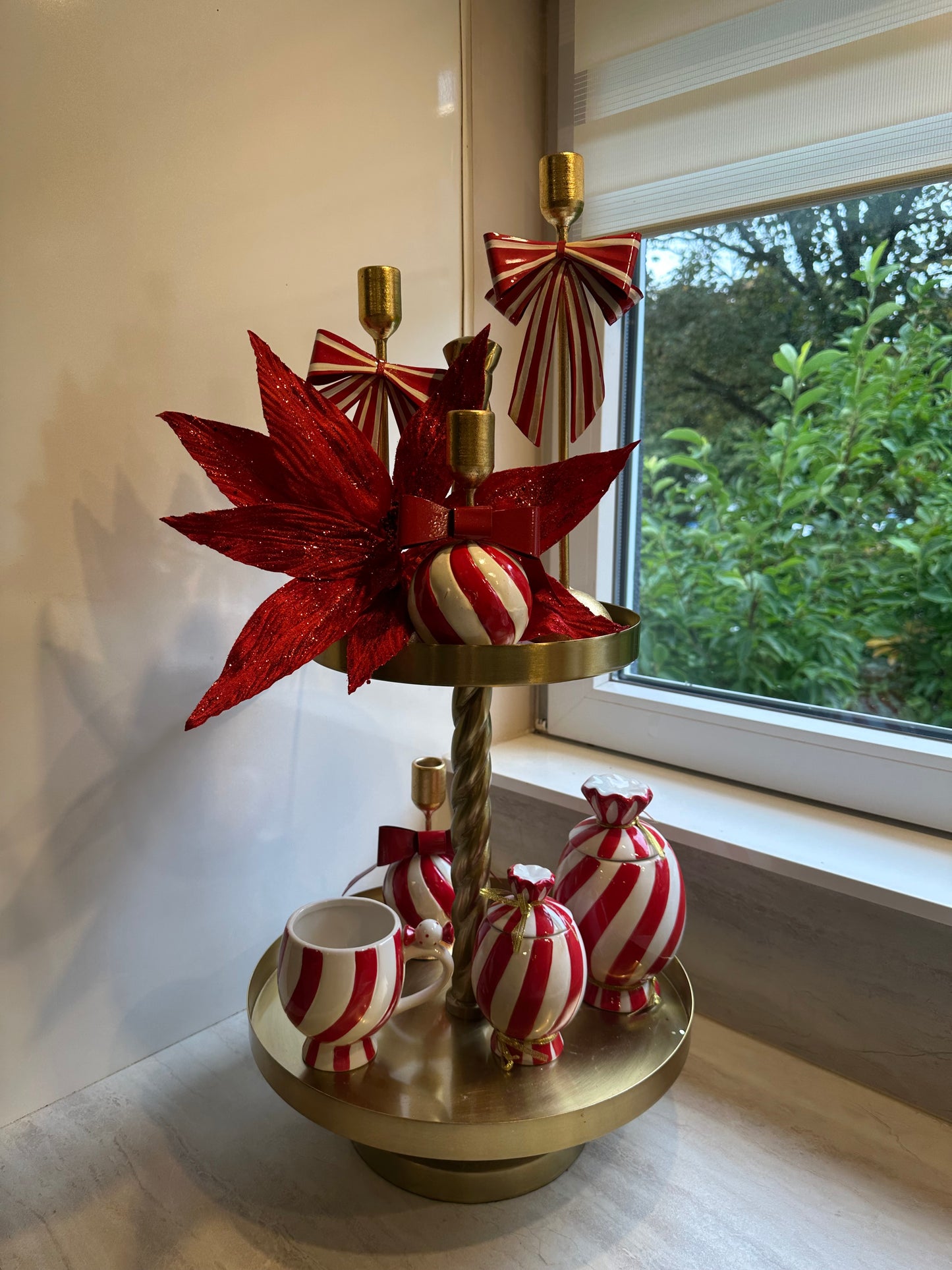 Goldline- Weihnachts Candy Kerzenhalter mit Schleife, rot-weiß-gold in verschiedenen Größen