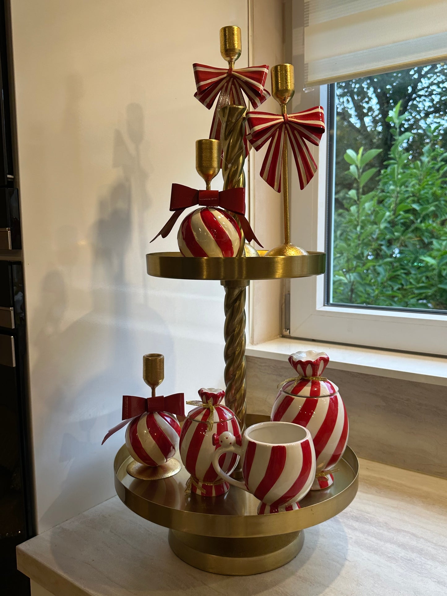 Goldline- Weihnachts Candy Kerzenhalter mit Schleife, rot-weiß-gold in verschiedenen Größen