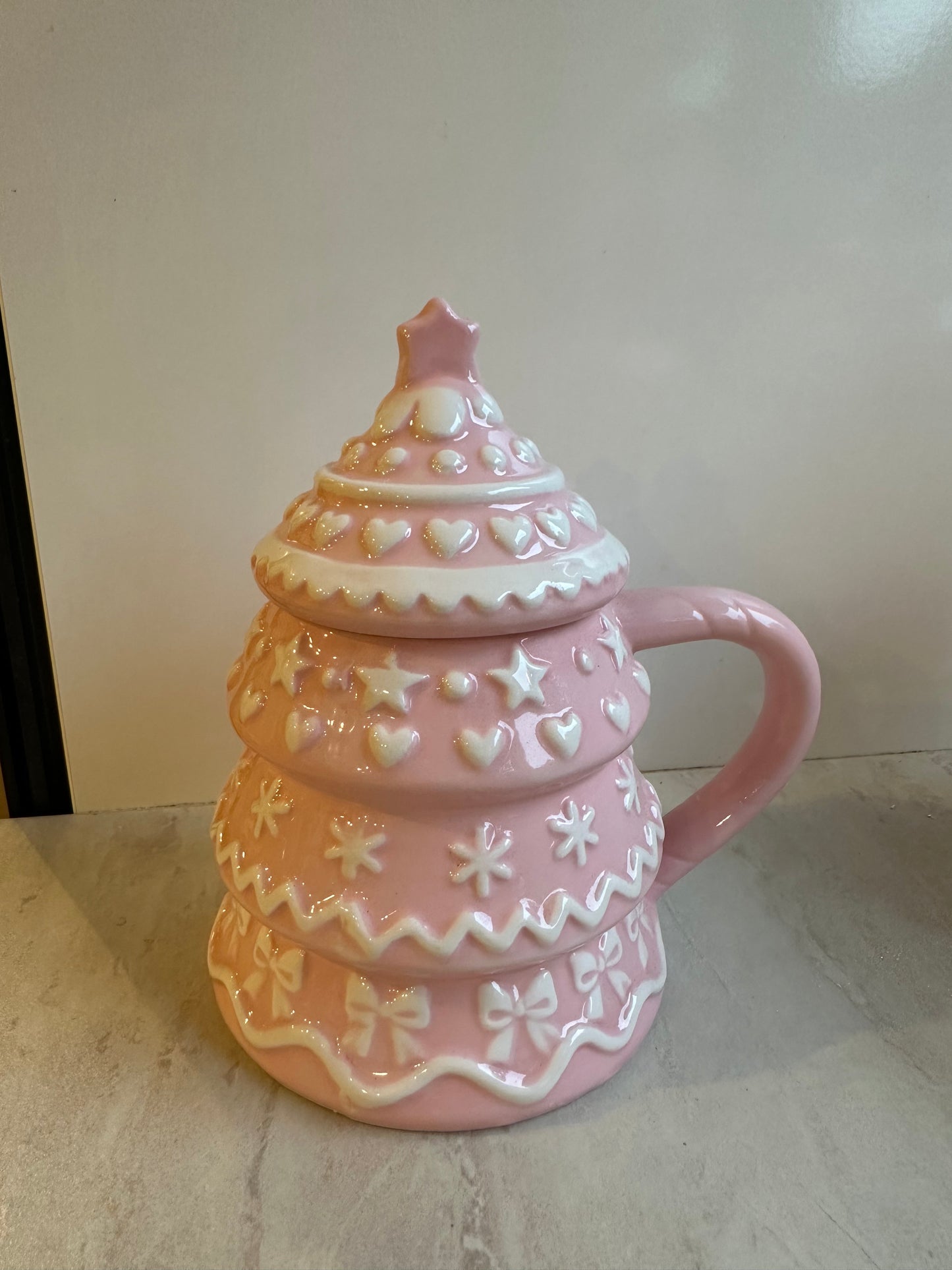 Goldline- Tasse mit Deckel rosa weiß Keramik 13cm x 10cm x 16cm